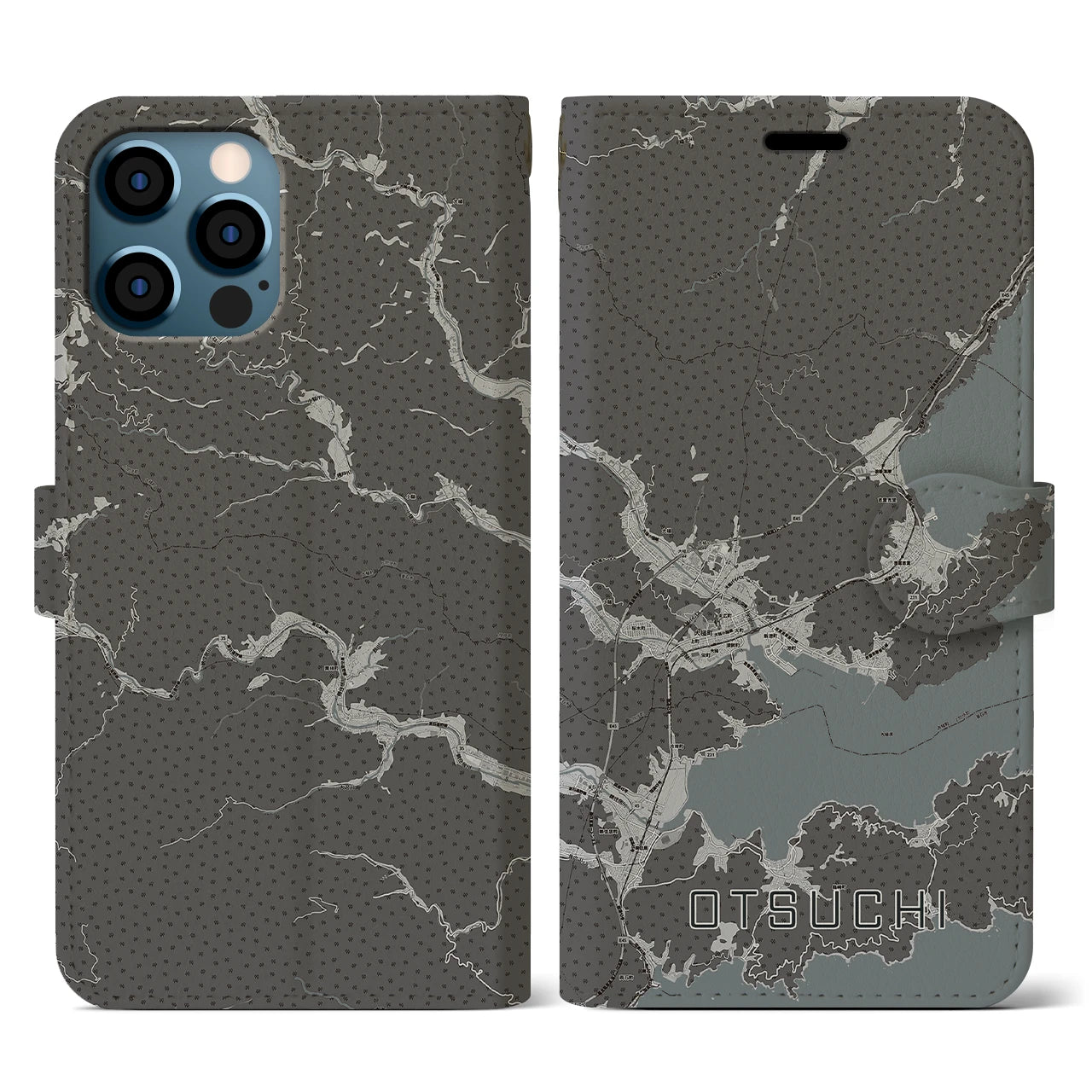 【大槌(岩手県)】地図柄iPhoneケース(手帳タイプ)モノトーン・iPhone 12 / 12 Pro 用