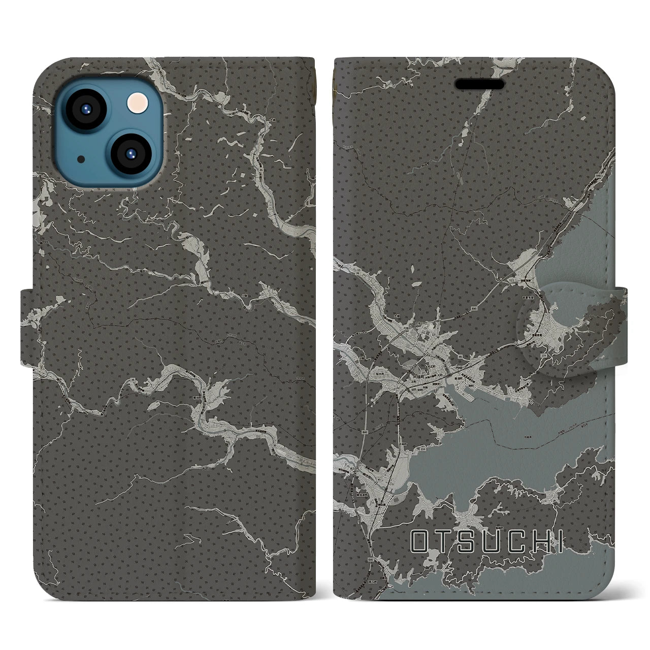 【大槌(岩手県)】地図柄iPhoneケース(手帳タイプ)モノトーン・iPhone 13 用