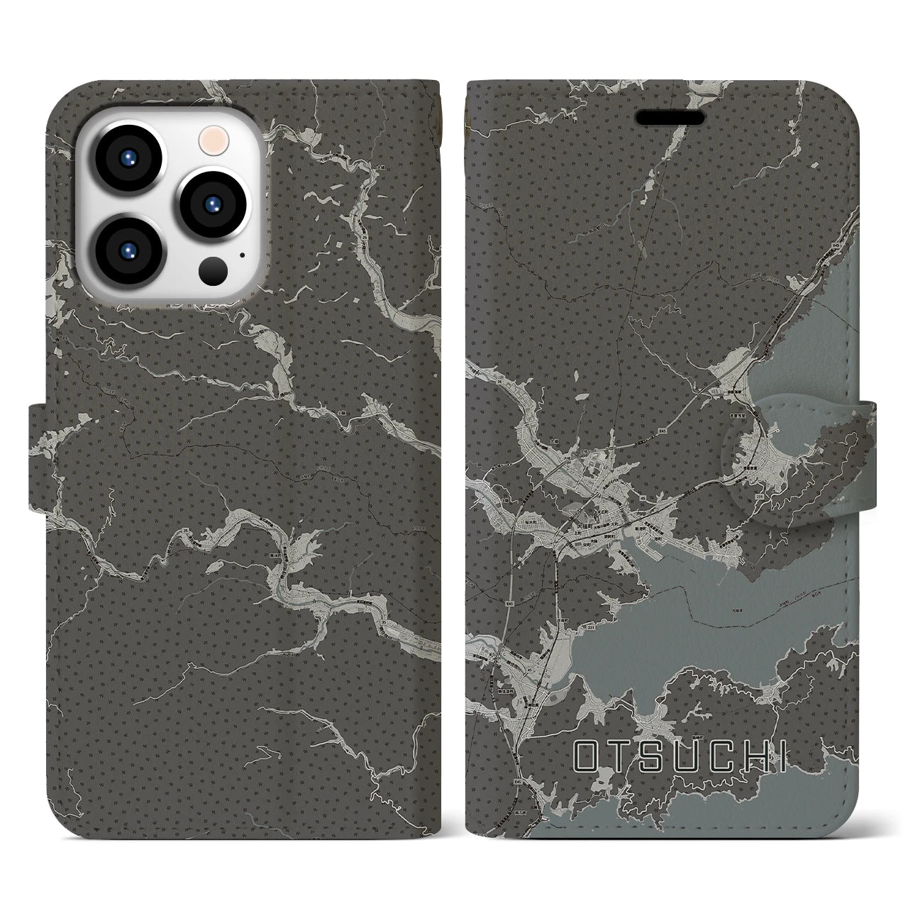 【大槌(岩手県)】地図柄iPhoneケース(手帳タイプ)モノトーン・iPhone 13 Pro 用