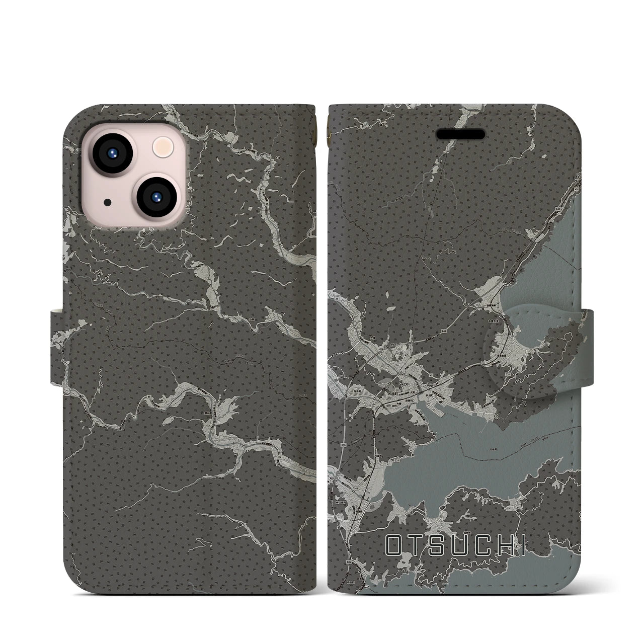 【大槌(岩手県)】地図柄iPhoneケース(手帳タイプ)モノトーン・iPhone 13 mini 用