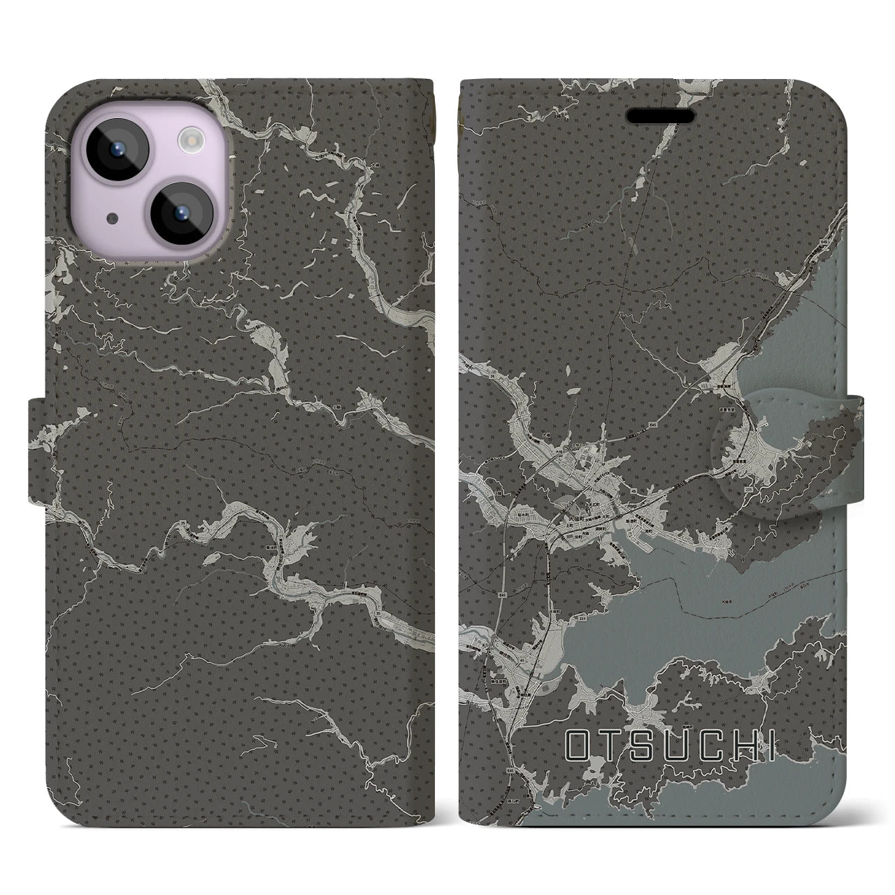 【大槌(岩手県)】地図柄iPhoneケース(手帳タイプ)モノトーン・iPhone 14 用