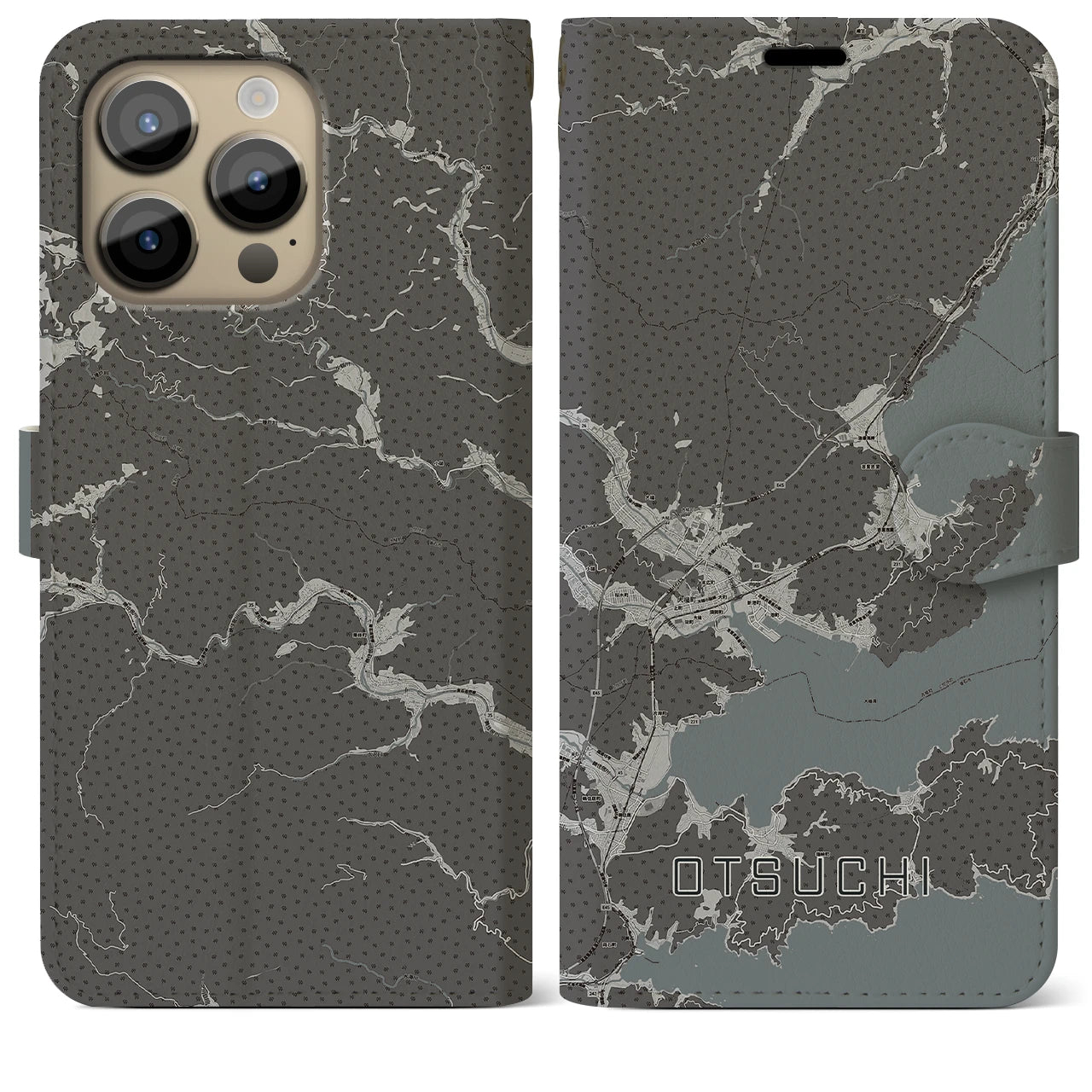 【大槌(岩手県)】地図柄iPhoneケース(手帳タイプ)モノトーン・iPhone 14 Pro Max 用