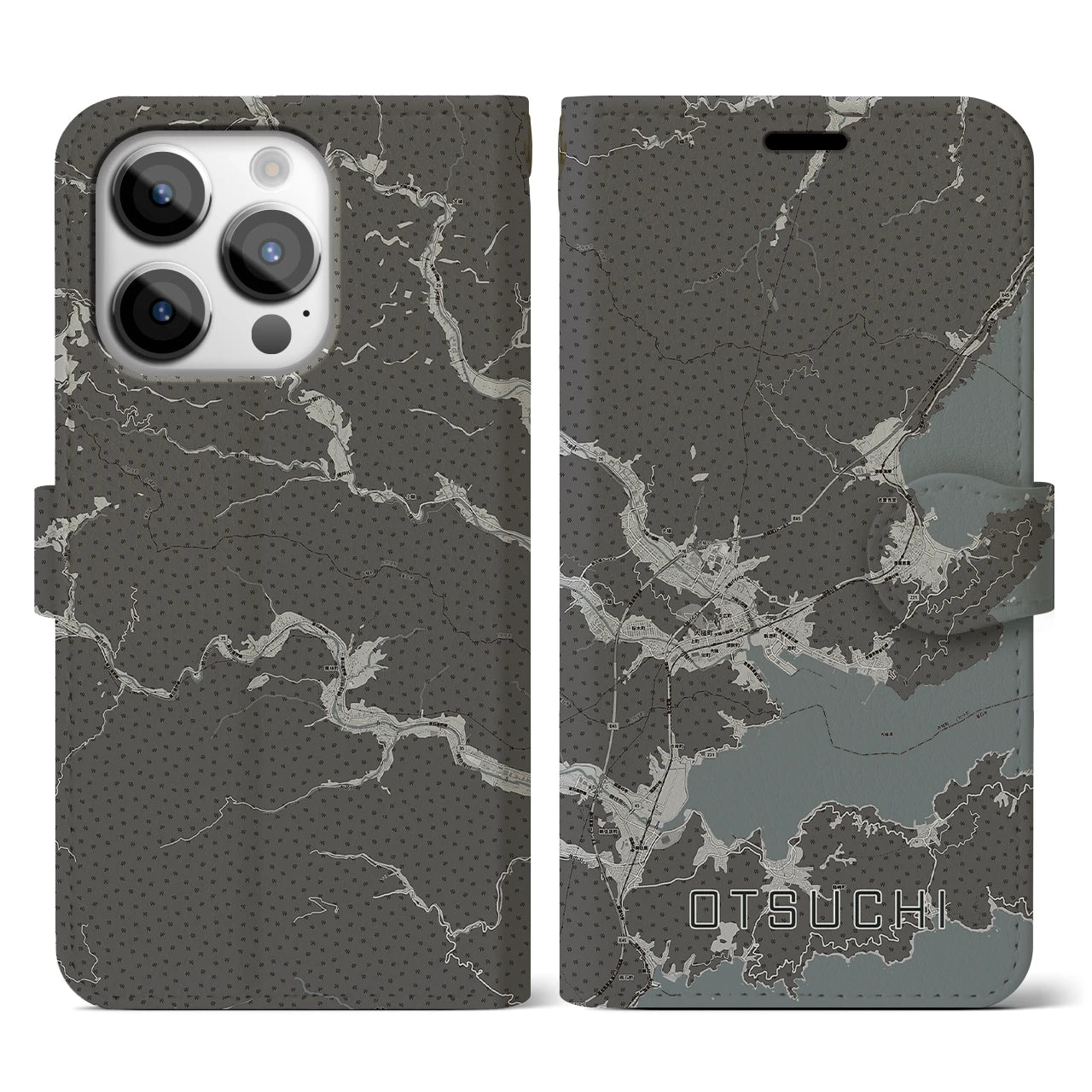 【大槌(岩手県)】地図柄iPhoneケース(手帳タイプ)モノトーン・iPhone 14 Pro 用