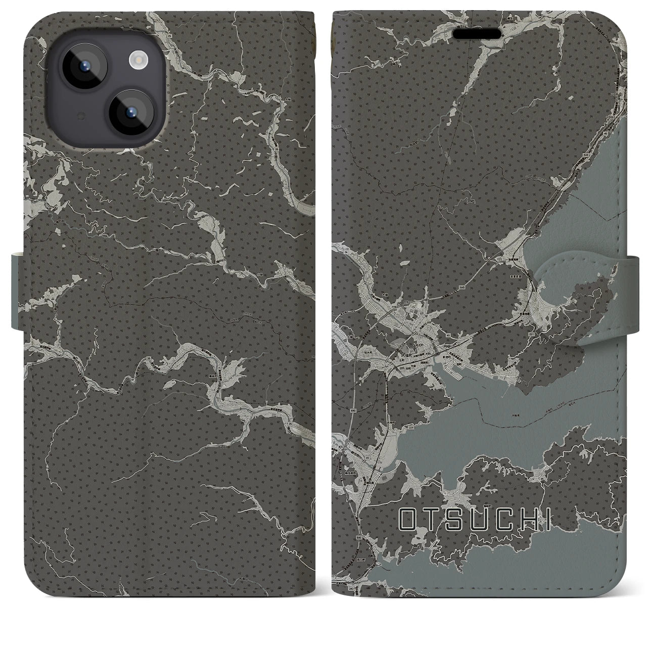 【大槌(岩手県)】地図柄iPhoneケース(手帳タイプ)モノトーン・iPhone 14 Plus 用