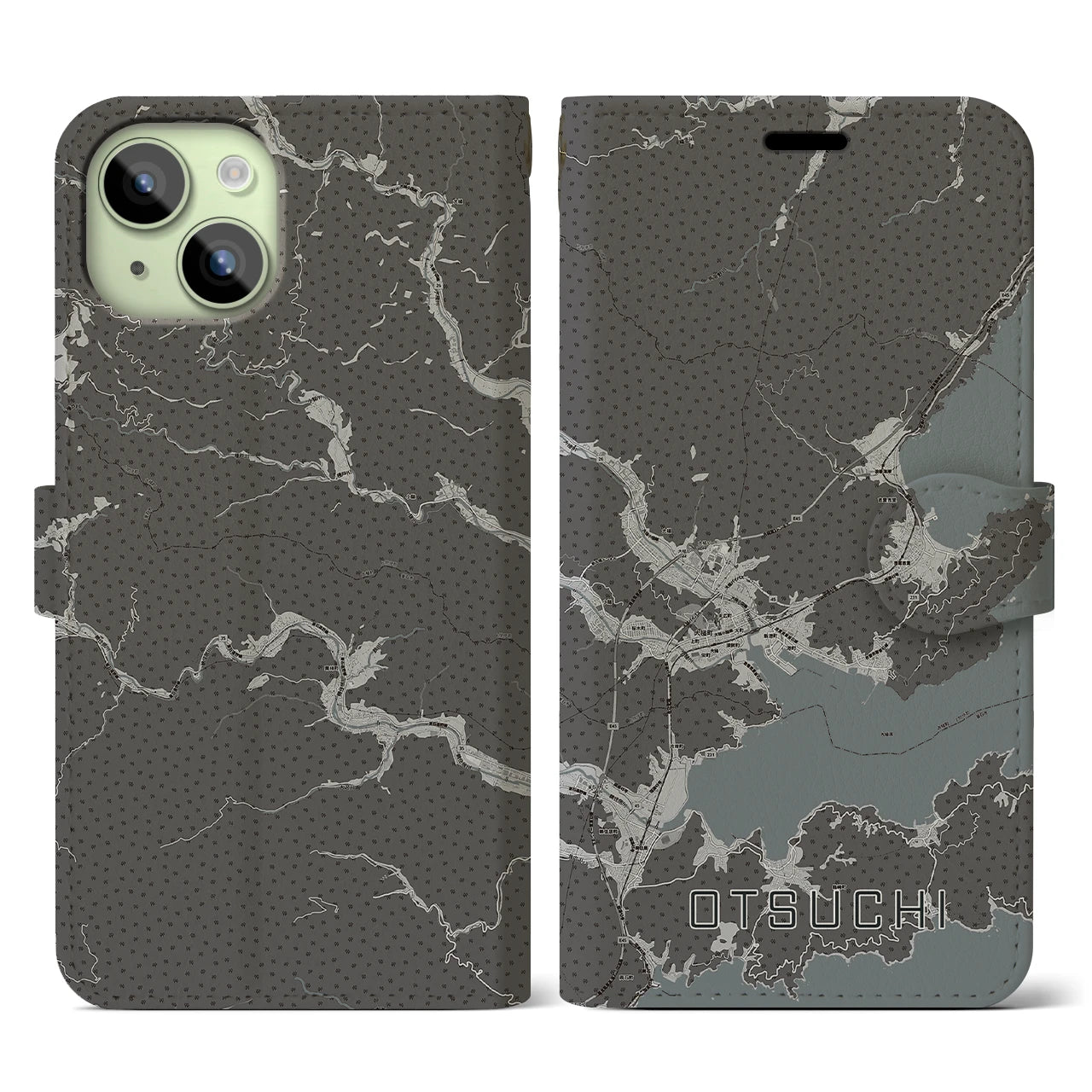 【大槌(岩手県)】地図柄iPhoneケース(手帳タイプ)モノトーン・iPhone 15 用