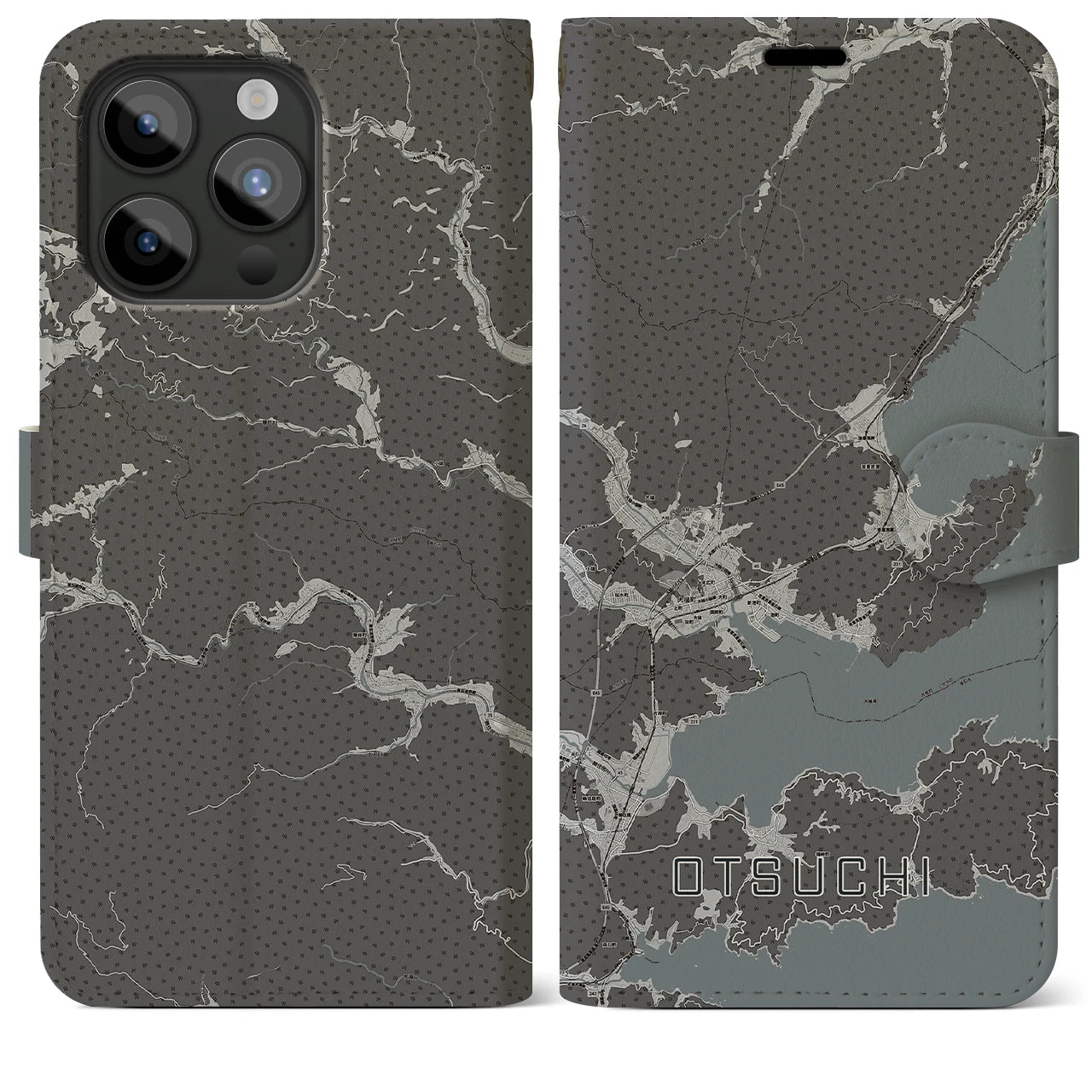 【大槌(岩手県)】地図柄iPhoneケース(手帳タイプ)モノトーン・iPhone 15 Pro Max 用