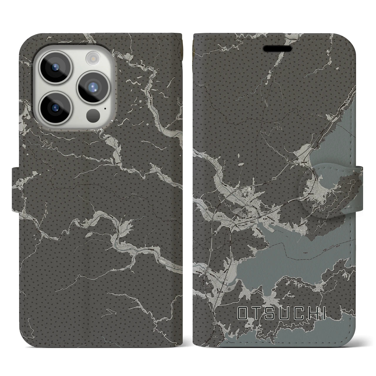 【大槌(岩手県)】地図柄iPhoneケース(手帳タイプ)モノトーン・iPhone 15 Pro 用