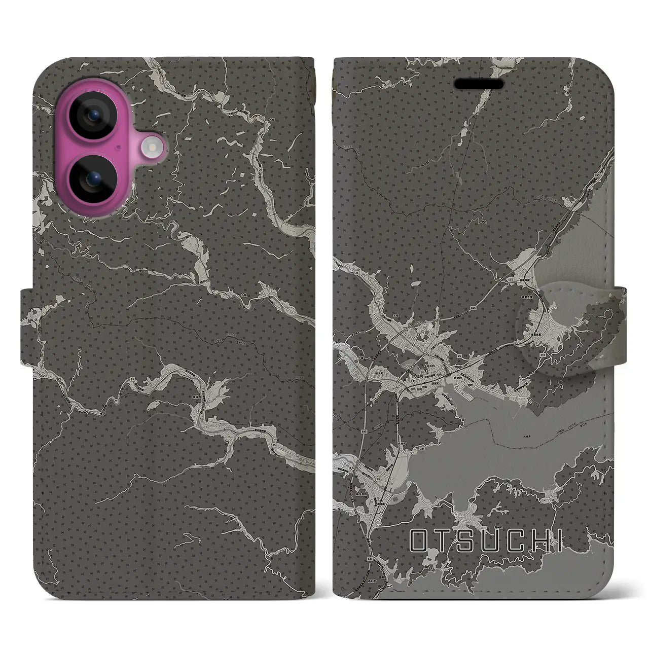 【大槌(岩手県)】地図柄iPhoneケース(手帳タイプ)モノトーン・iPhone 16 Pro 用