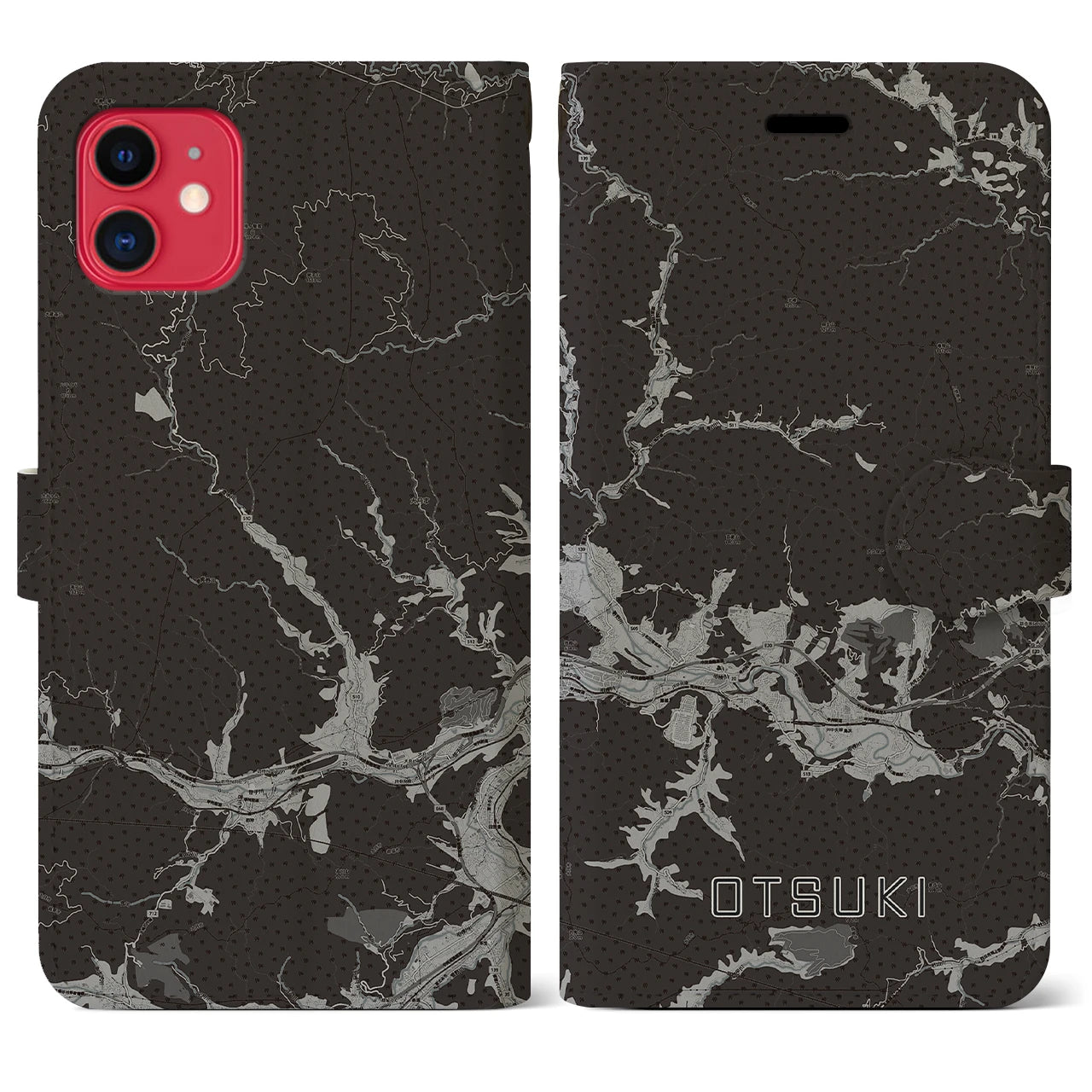 【大月(山梨県)】地図柄iPhoneケース(手帳タイプ)モノトーン・iPhone 11 用