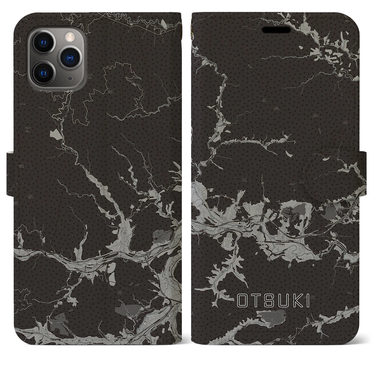 【大月(山梨県)】地図柄iPhoneケース(手帳タイプ)モノトーン・iPhone 11 Pro Max 用