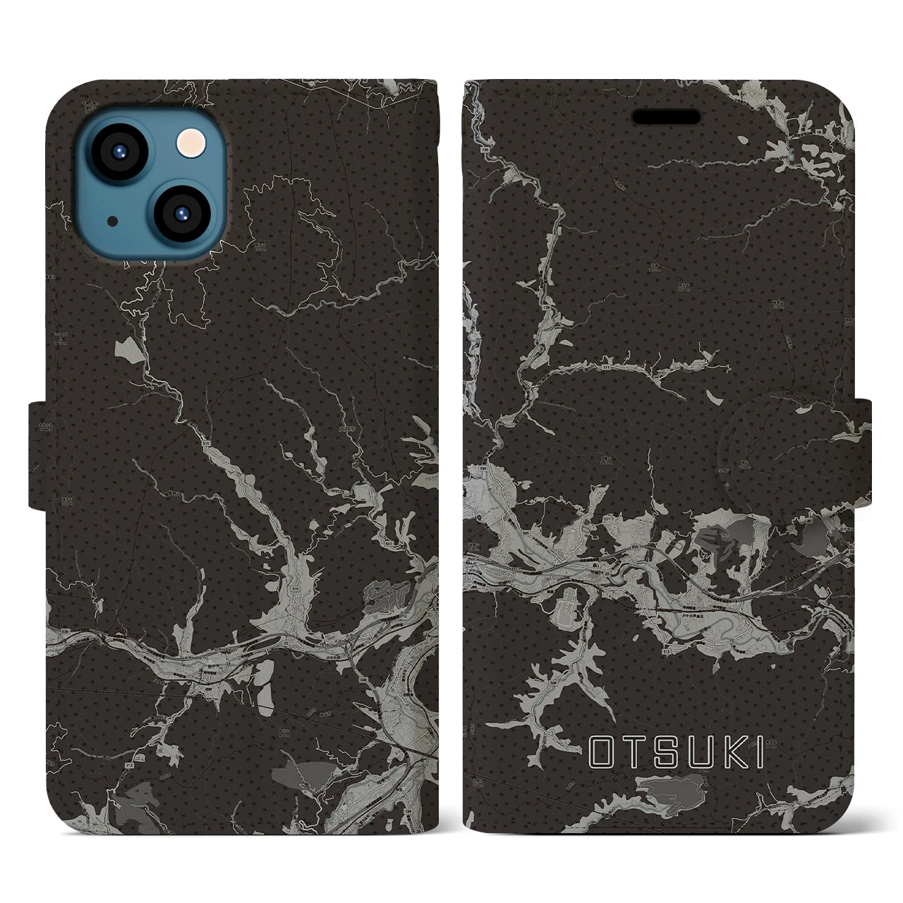 【大月(山梨県)】地図柄iPhoneケース(手帳タイプ)モノトーン・iPhone 13 用