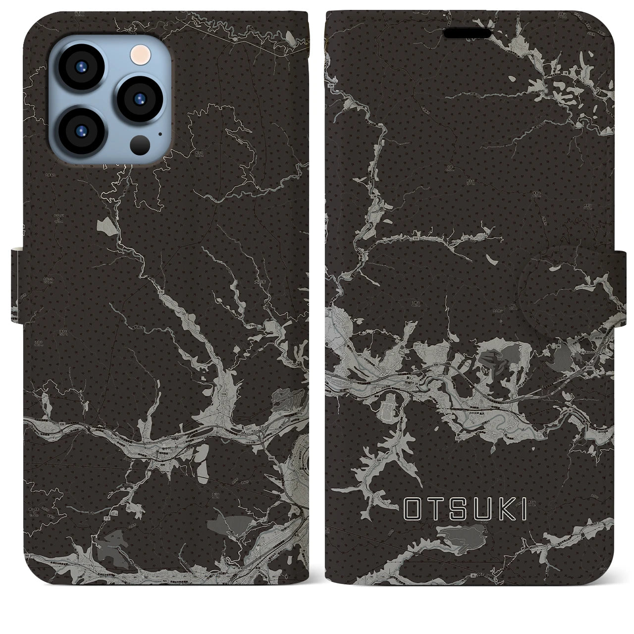 【大月(山梨県)】地図柄iPhoneケース(手帳タイプ)モノトーン・iPhone 13 Pro Max 用