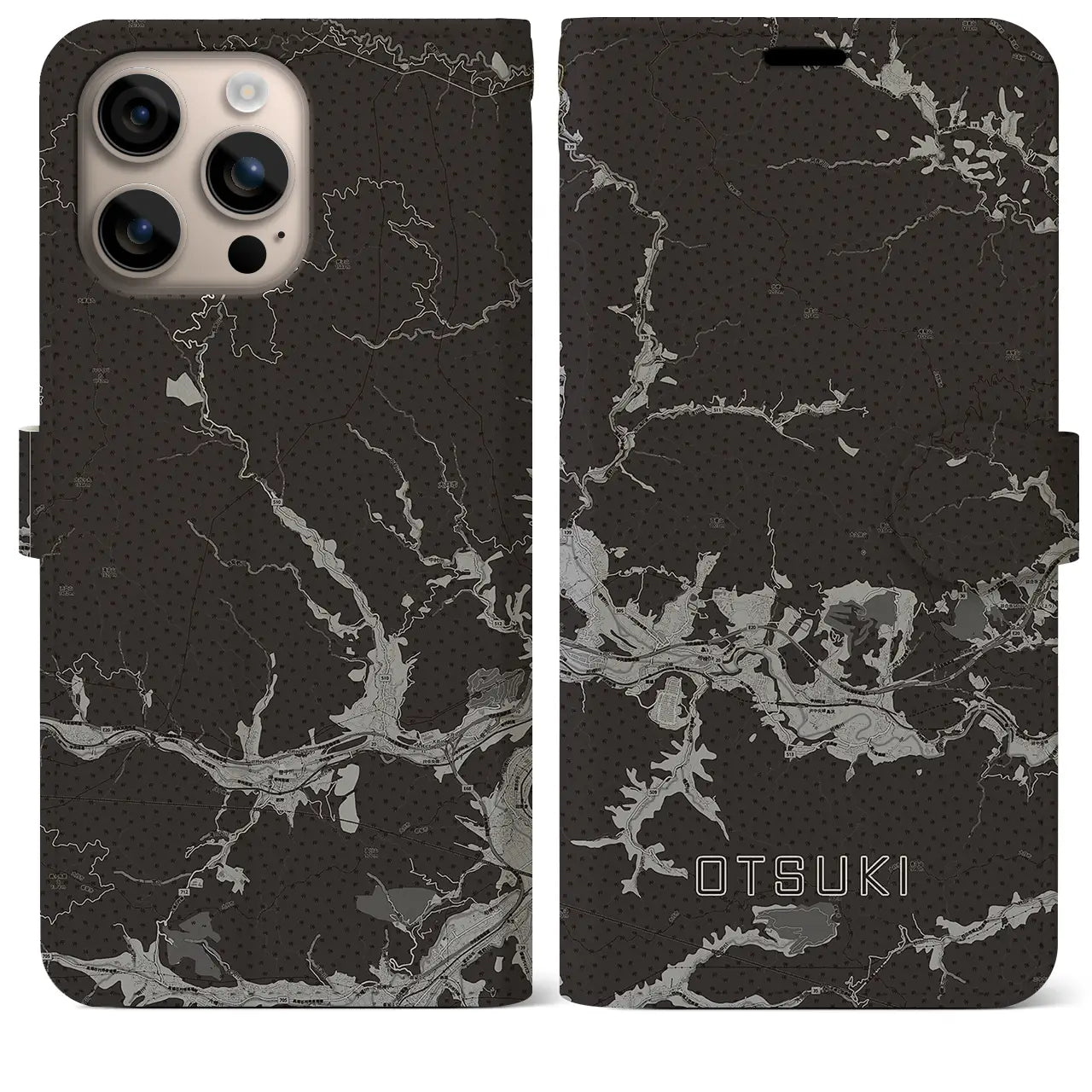 【大月(山梨県)】地図柄iPhoneケース(手帳タイプ)モノトーン・iPhone 16 Plus 用