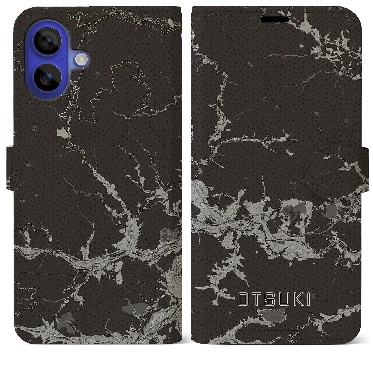 【大月(山梨県)】地図柄iPhoneケース(手帳タイプ)モノトーン・iPhone 16 Pro Max 用