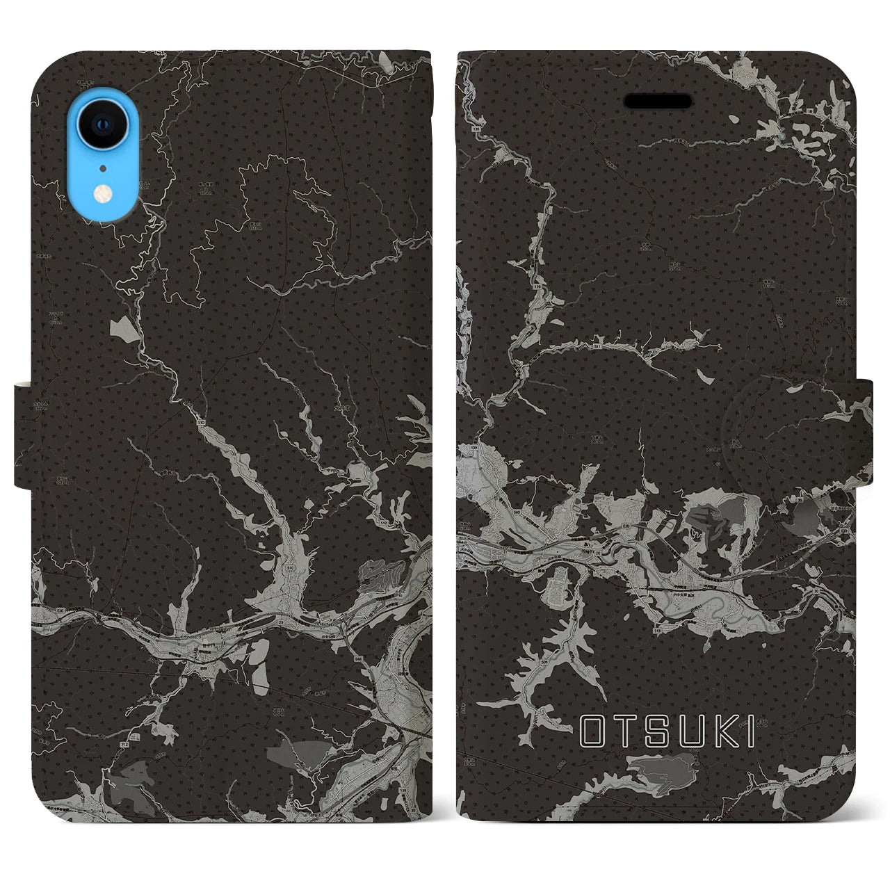 【大月(山梨県)】地図柄iPhoneケース(手帳タイプ)モノトーン・iPhone XR 用