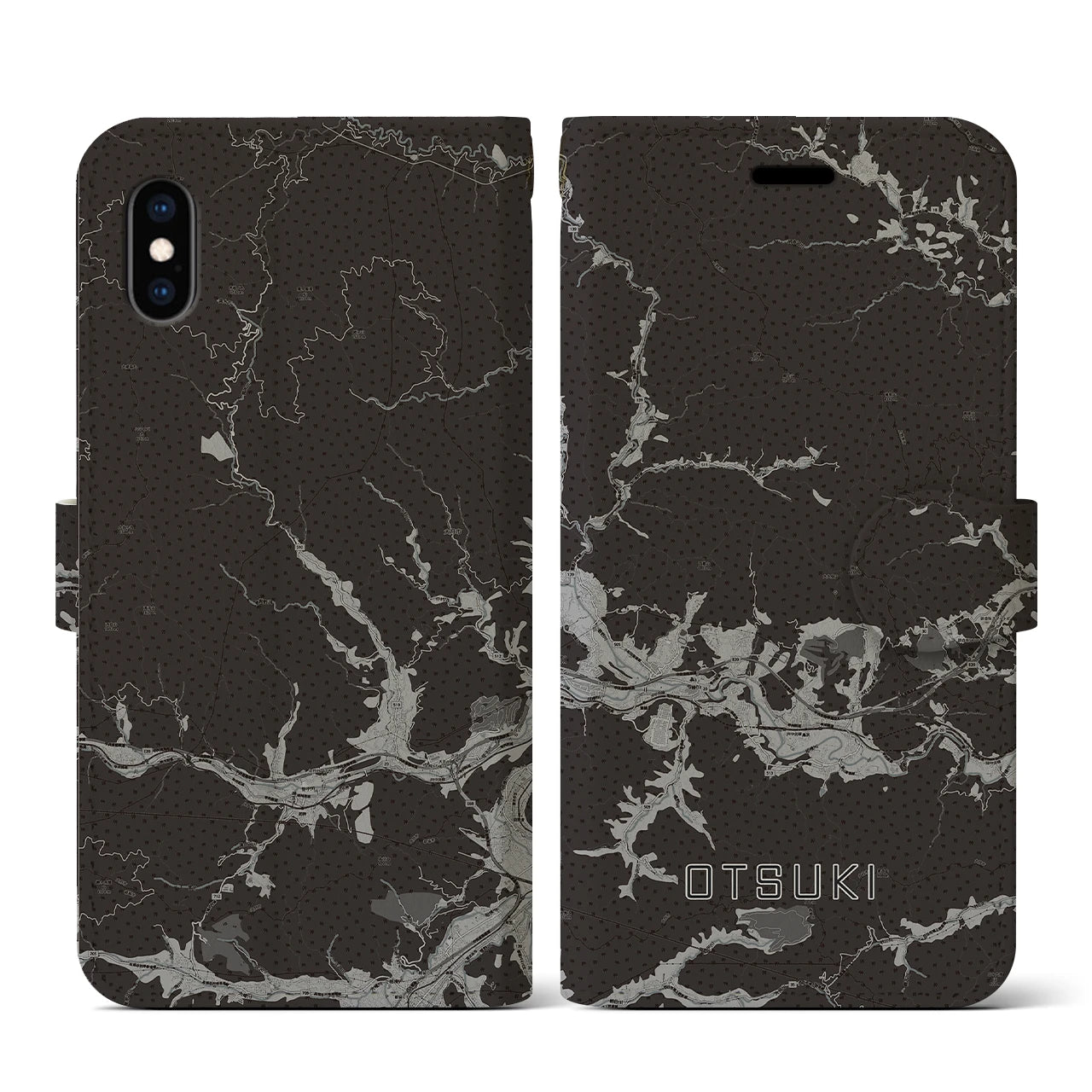 【大月(山梨県)】地図柄iPhoneケース(手帳タイプ)モノトーン・iPhone XS / X 用