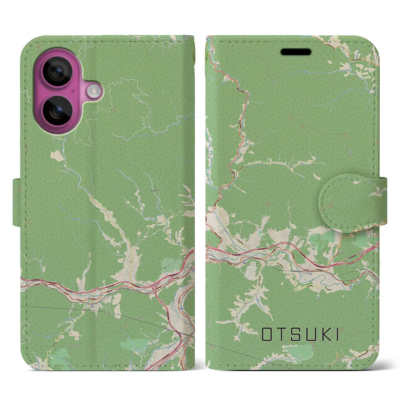 【大月(山梨県)】地図柄iPhoneケース(手帳タイプ)ナチュラル・iPhone 16 Pro 用