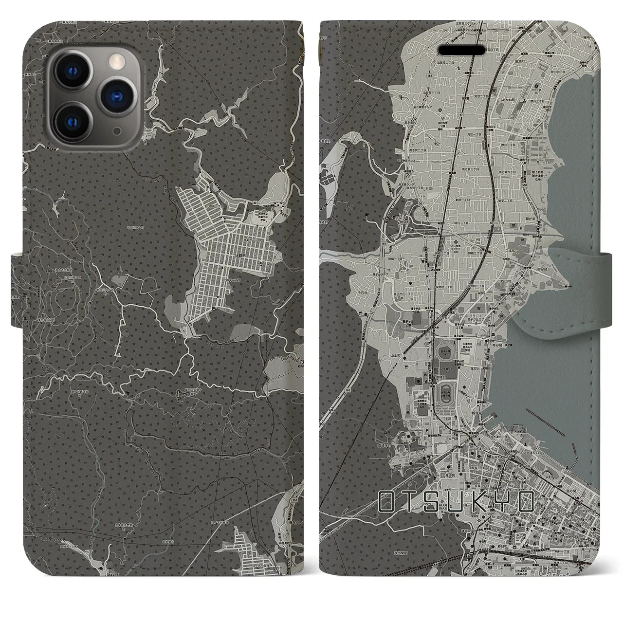 【大津京(滋賀県)】地図柄iPhoneケース(手帳タイプ)モノトーン・iPhone 11 Pro Max 用
