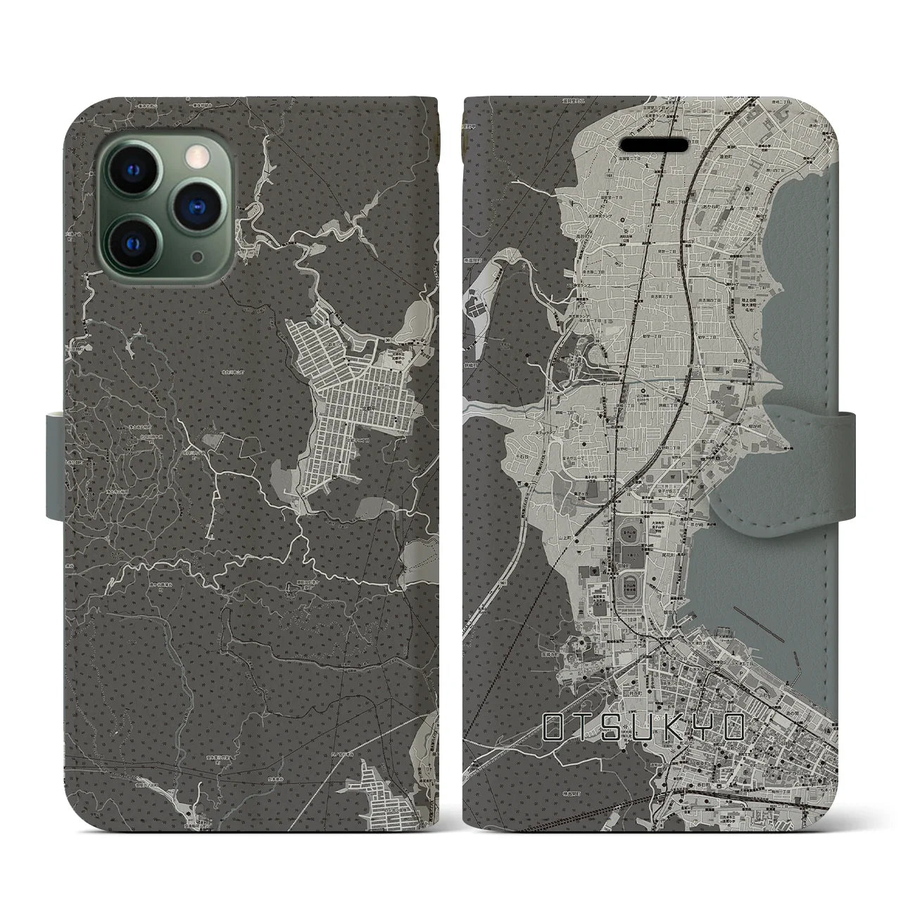 【大津京(滋賀県)】地図柄iPhoneケース(手帳タイプ)モノトーン・iPhone 11 Pro 用