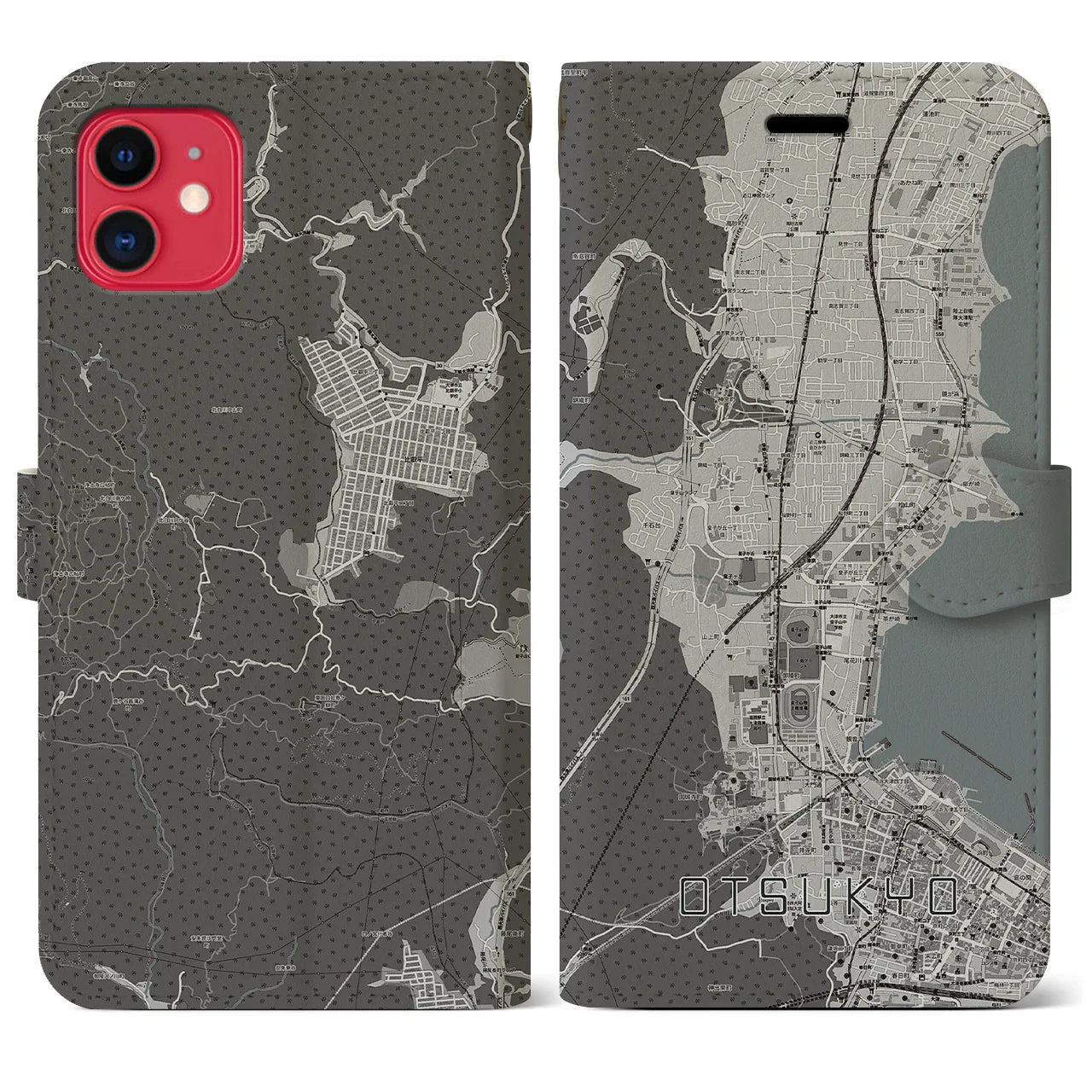 【大津京(滋賀県)】地図柄iPhoneケース(手帳タイプ)モノトーン・iPhone 11 用