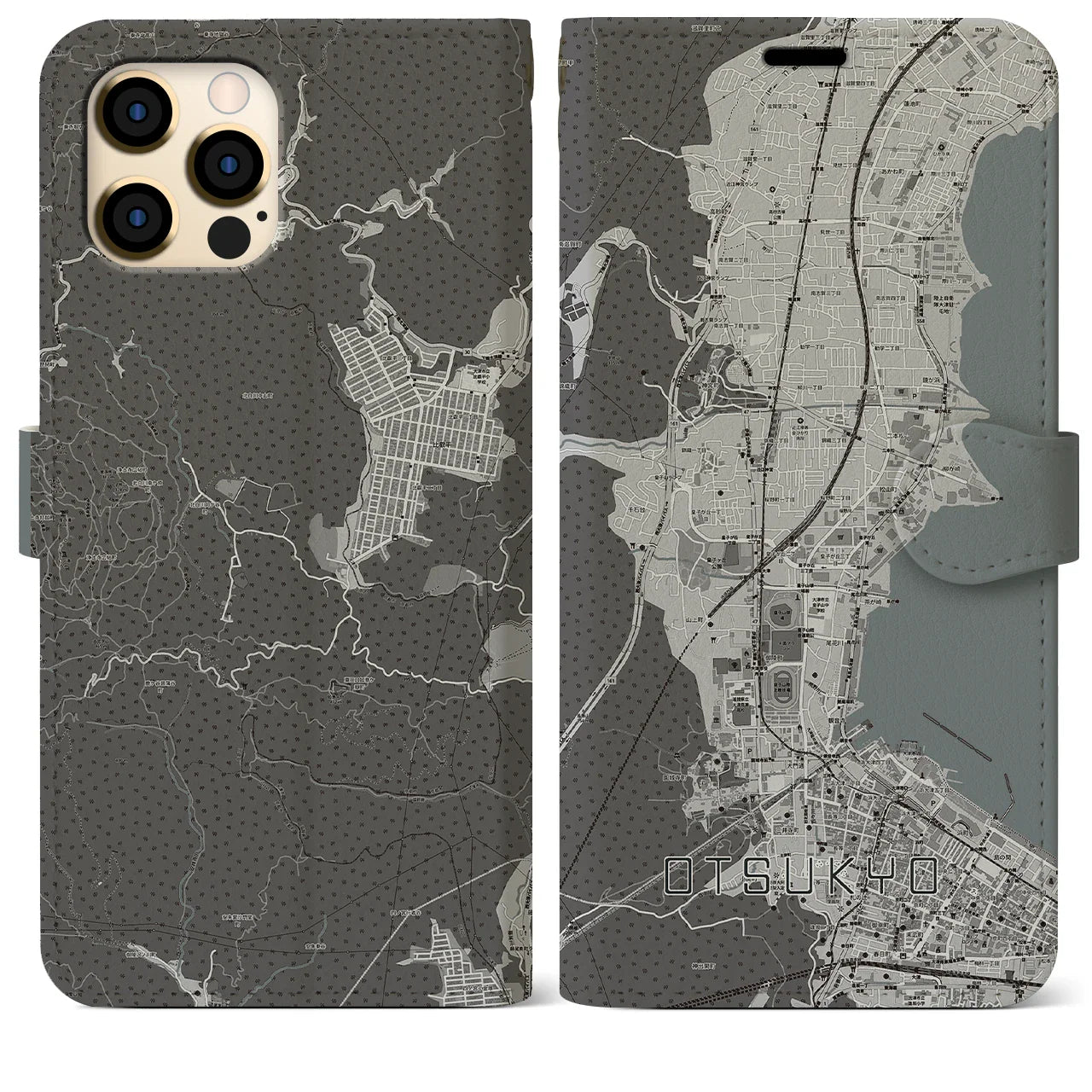 【大津京(滋賀県)】地図柄iPhoneケース(手帳タイプ)モノトーン・iPhone 12 Pro Max 用