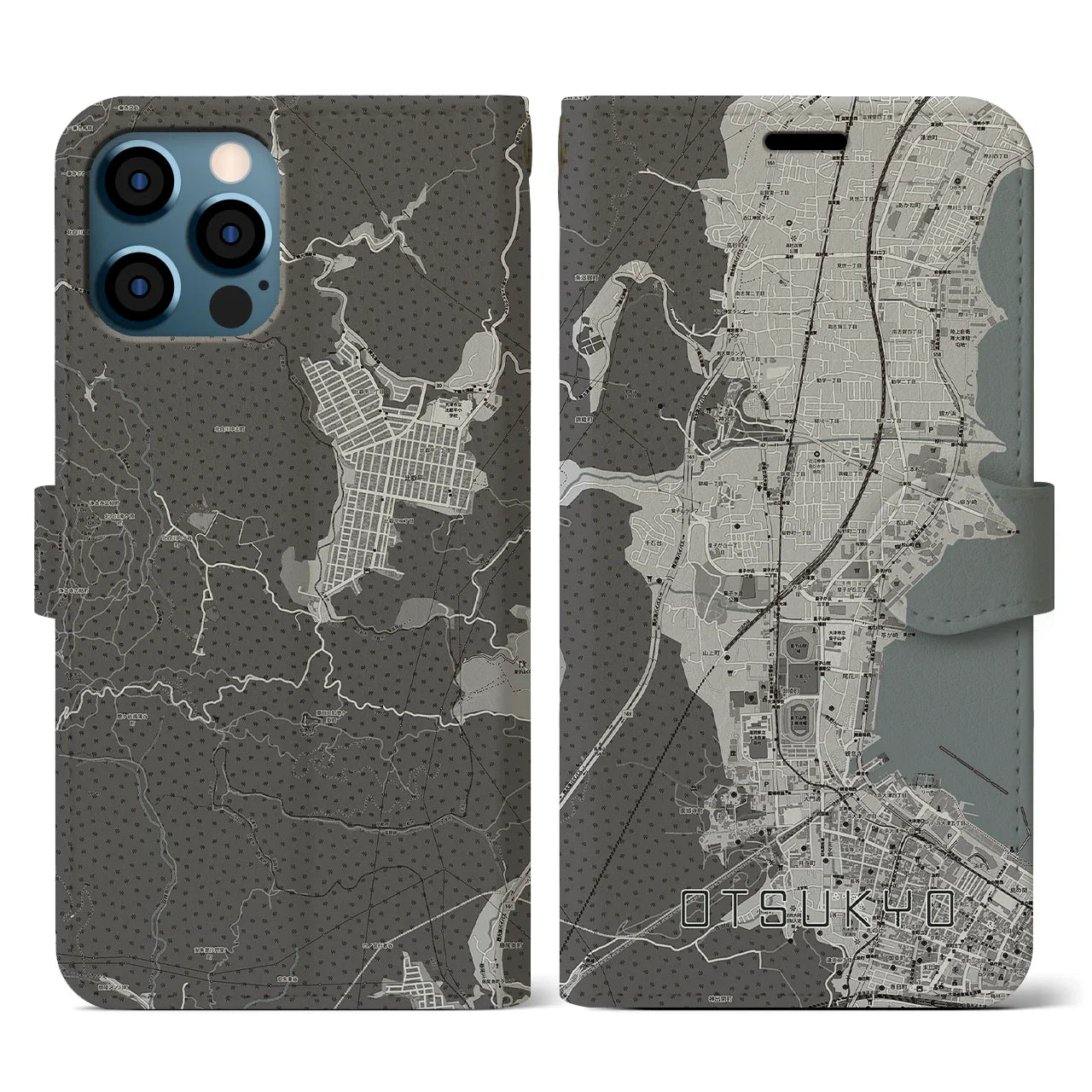 【大津京(滋賀県)】地図柄iPhoneケース(手帳タイプ)モノトーン・iPhone 12 / 12 Pro 用