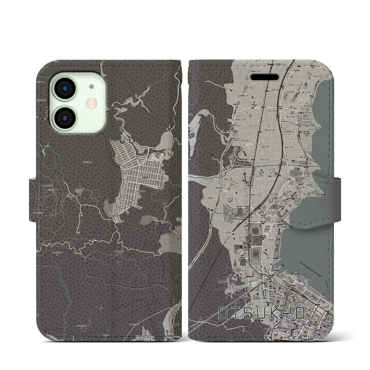 【大津京(滋賀県)】地図柄iPhoneケース(手帳タイプ)モノトーン・iPhone 12 mini 用