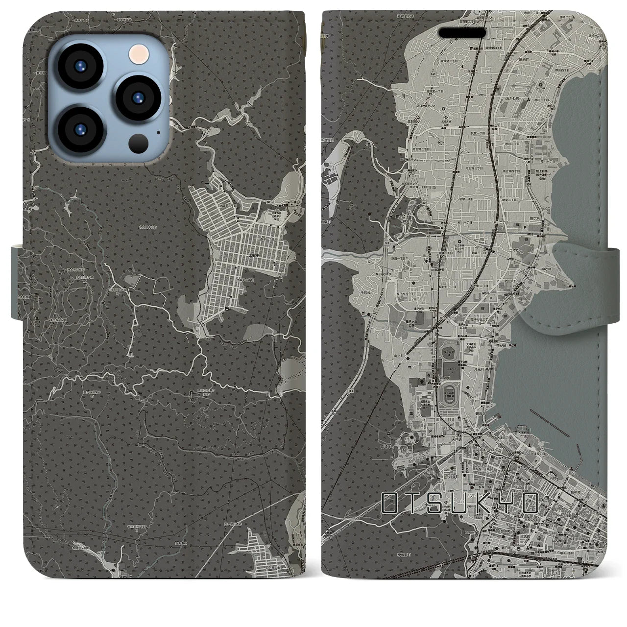 【大津京(滋賀県)】地図柄iPhoneケース(手帳タイプ)モノトーン・iPhone 13 Pro Max 用