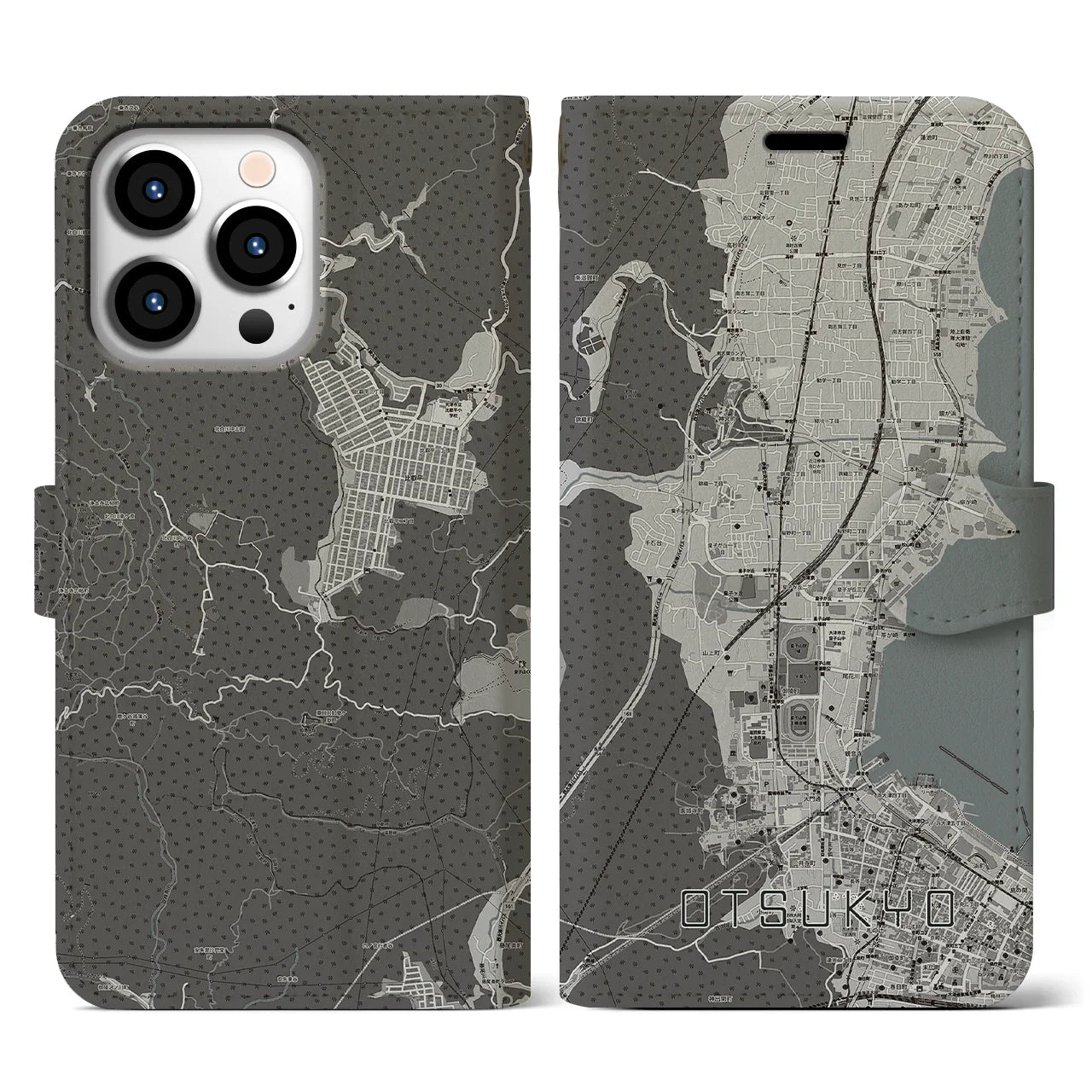 【大津京(滋賀県)】地図柄iPhoneケース(手帳タイプ)モノトーン・iPhone 13 Pro 用