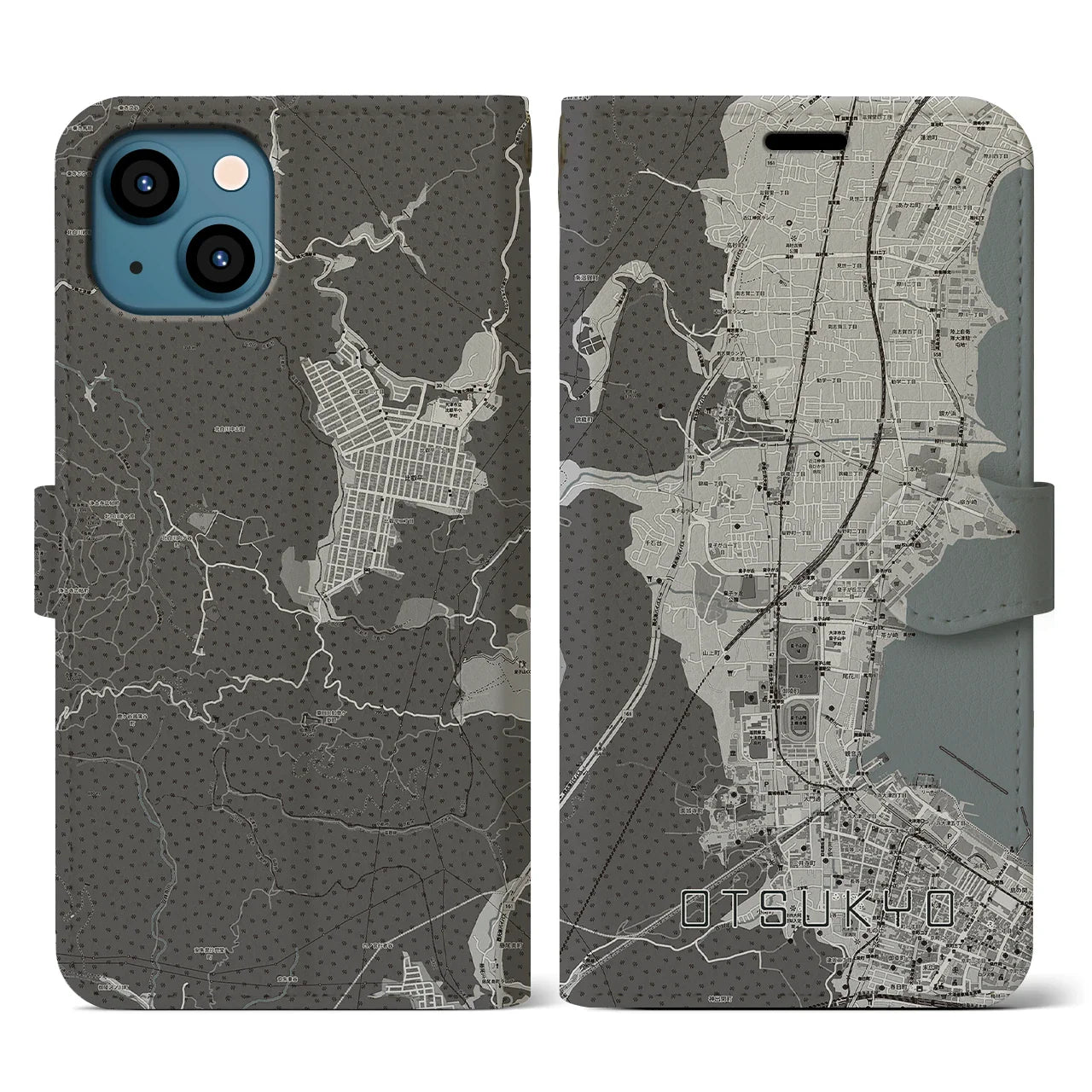 【大津京(滋賀県)】地図柄iPhoneケース(手帳タイプ)モノトーン・iPhone 13 用