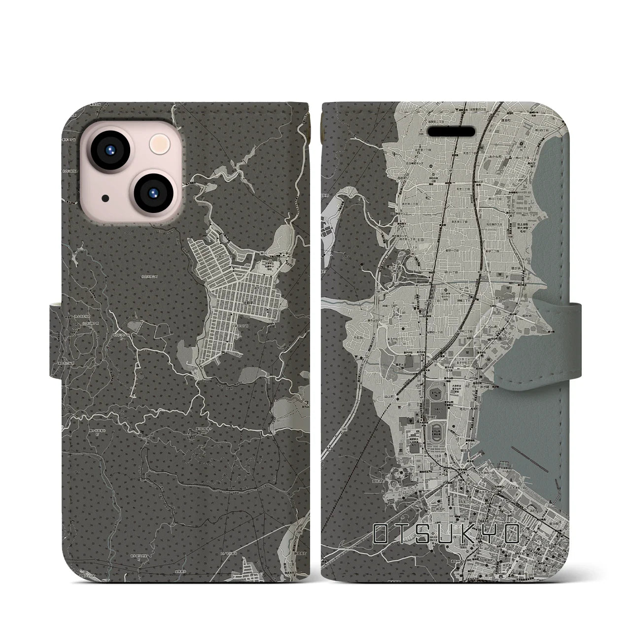 【大津京(滋賀県)】地図柄iPhoneケース(手帳タイプ)モノトーン・iPhone 13 mini 用
