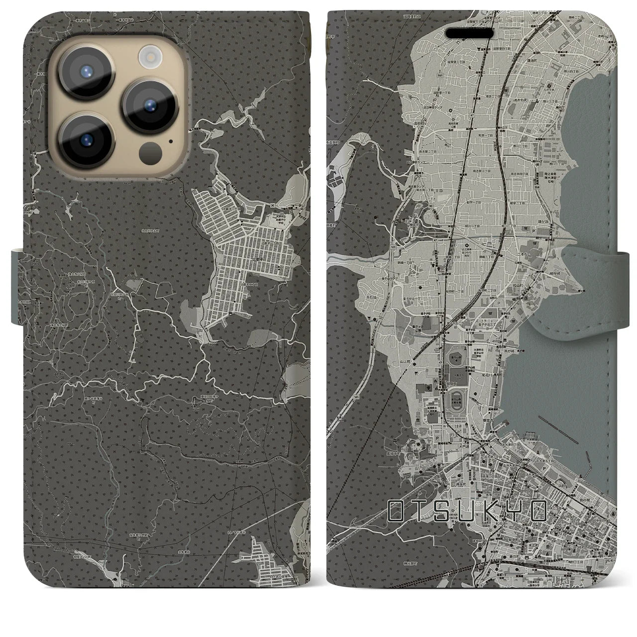 【大津京(滋賀県)】地図柄iPhoneケース(手帳タイプ)モノトーン・iPhone 14 Pro Max 用