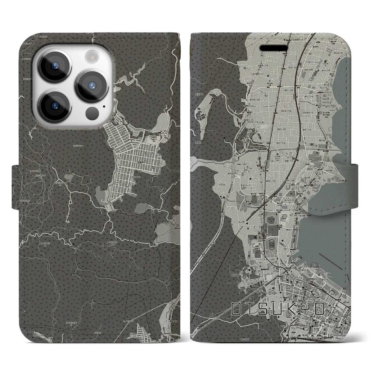 【大津京(滋賀県)】地図柄iPhoneケース(手帳タイプ)モノトーン・iPhone 14 Pro 用