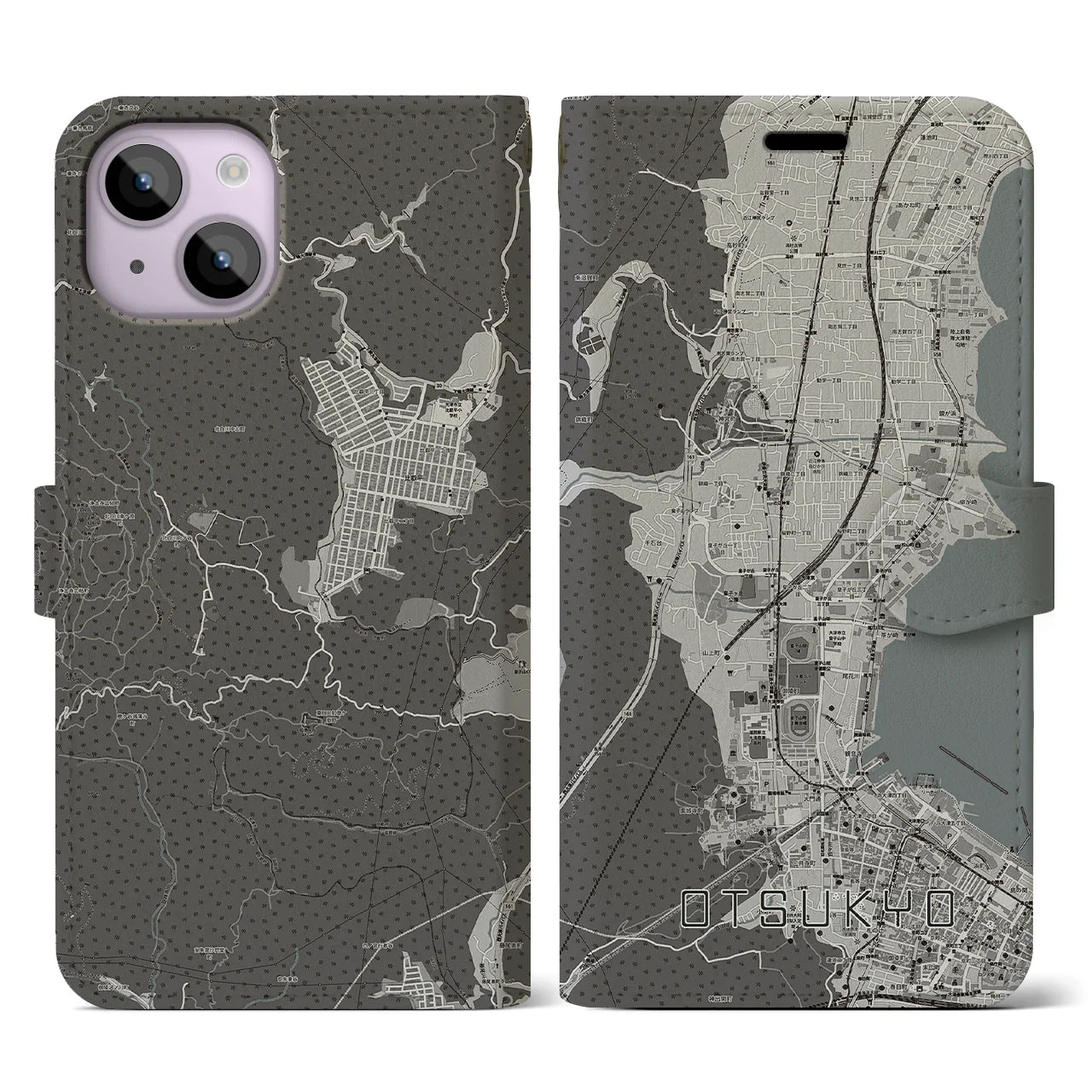 【大津京(滋賀県)】地図柄iPhoneケース(手帳タイプ)モノトーン・iPhone 14 用