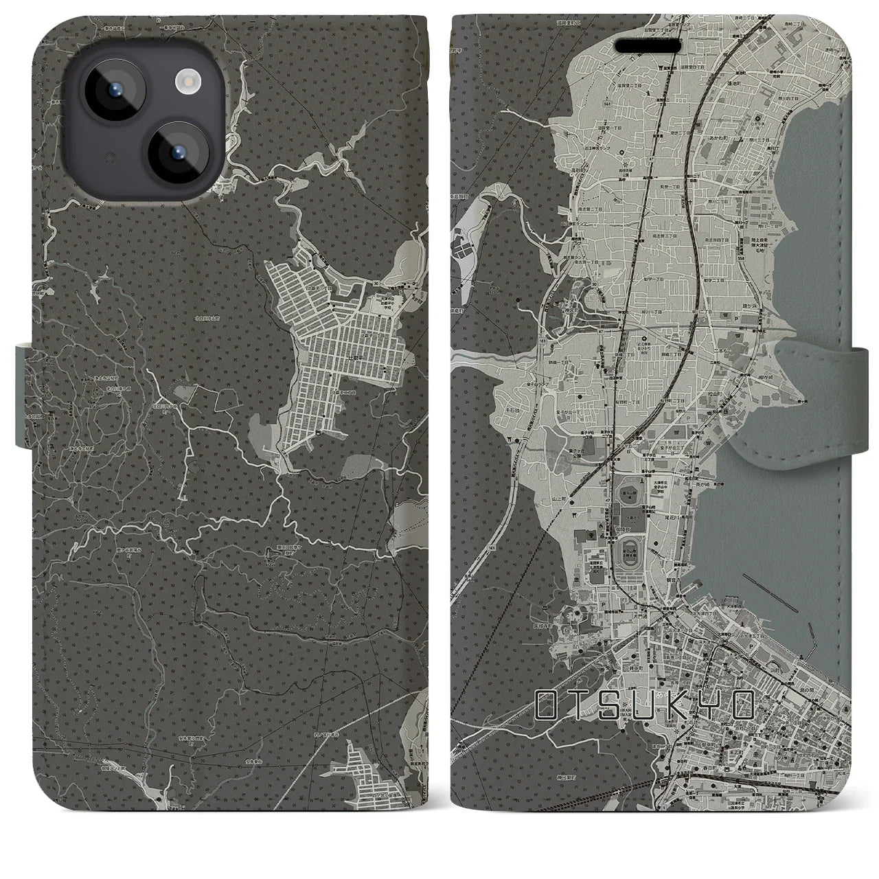 【大津京(滋賀県)】地図柄iPhoneケース(手帳タイプ)モノトーン・iPhone 14 Plus 用