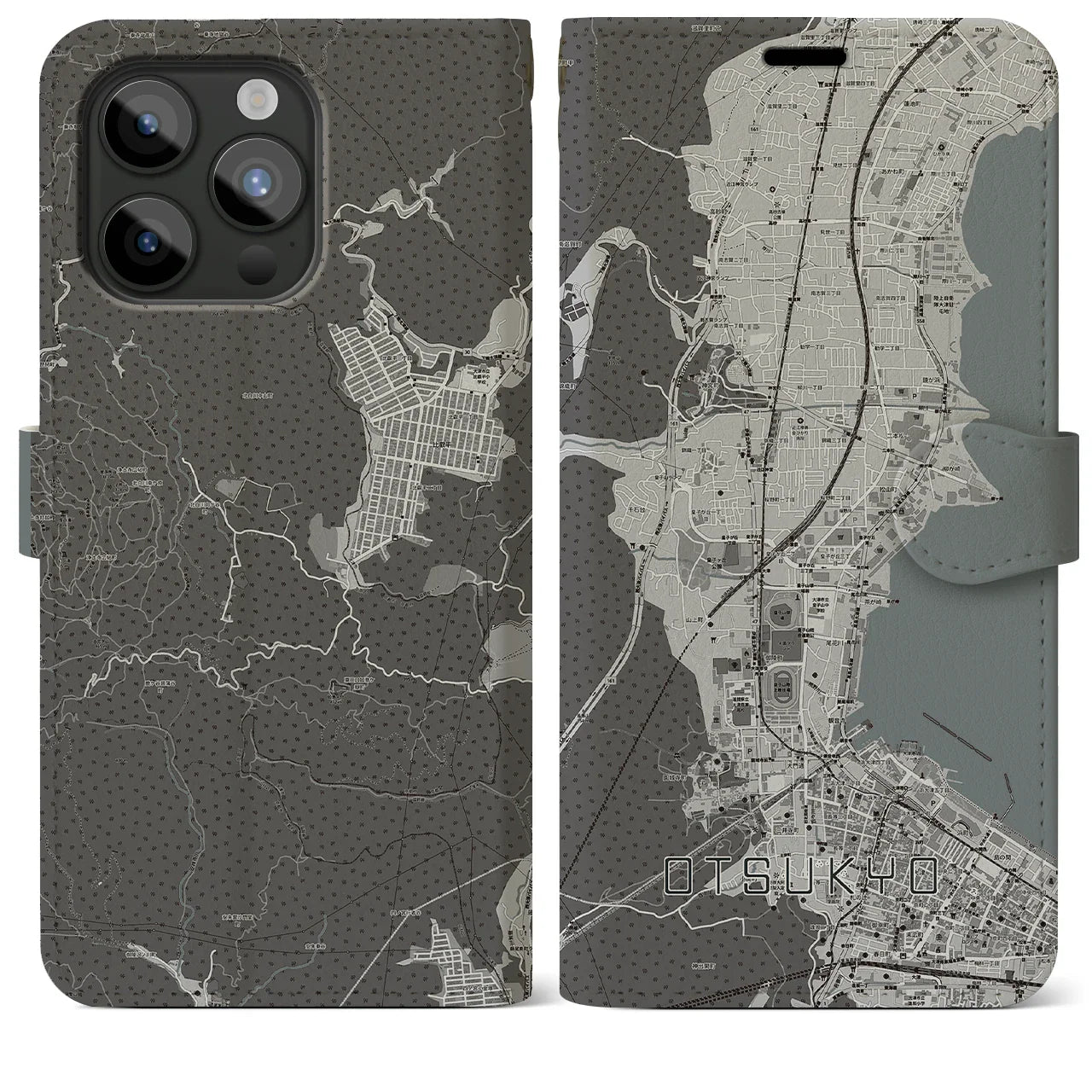 【大津京(滋賀県)】地図柄iPhoneケース(手帳タイプ)モノトーン・iPhone 15 Pro Max 用