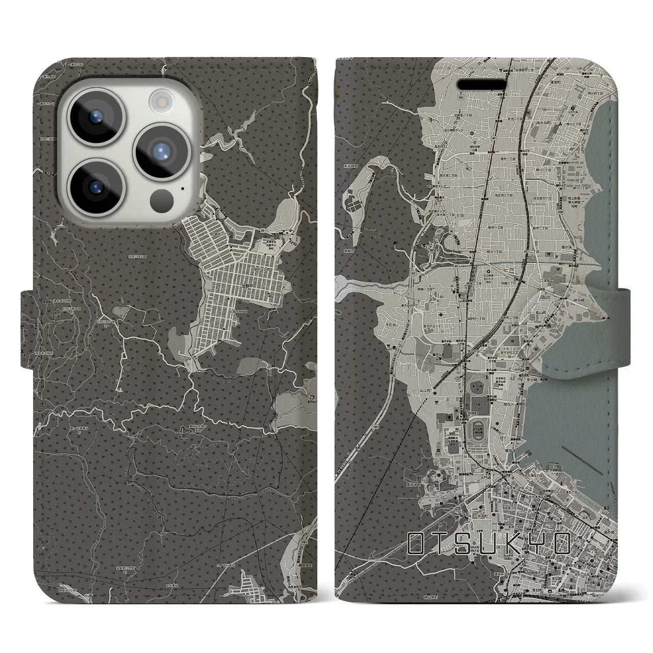 【大津京(滋賀県)】地図柄iPhoneケース(手帳タイプ)モノトーン・iPhone 15 Pro 用