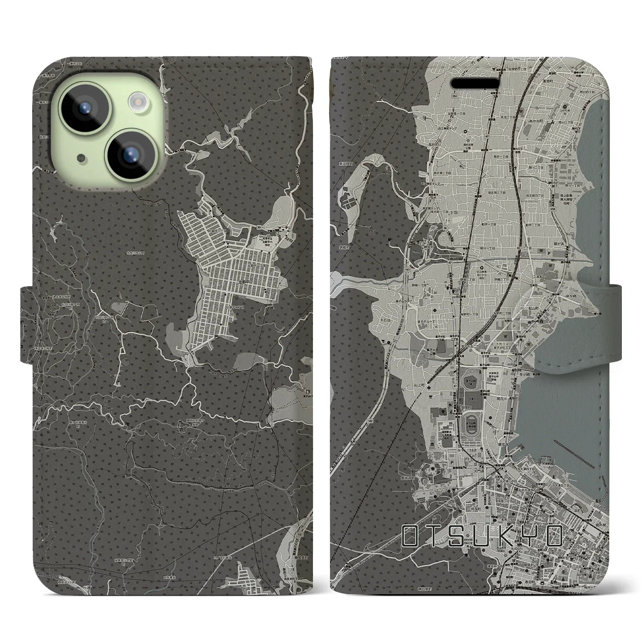 【大津京(滋賀県)】地図柄iPhoneケース(手帳タイプ)モノトーン・iPhone 15 用