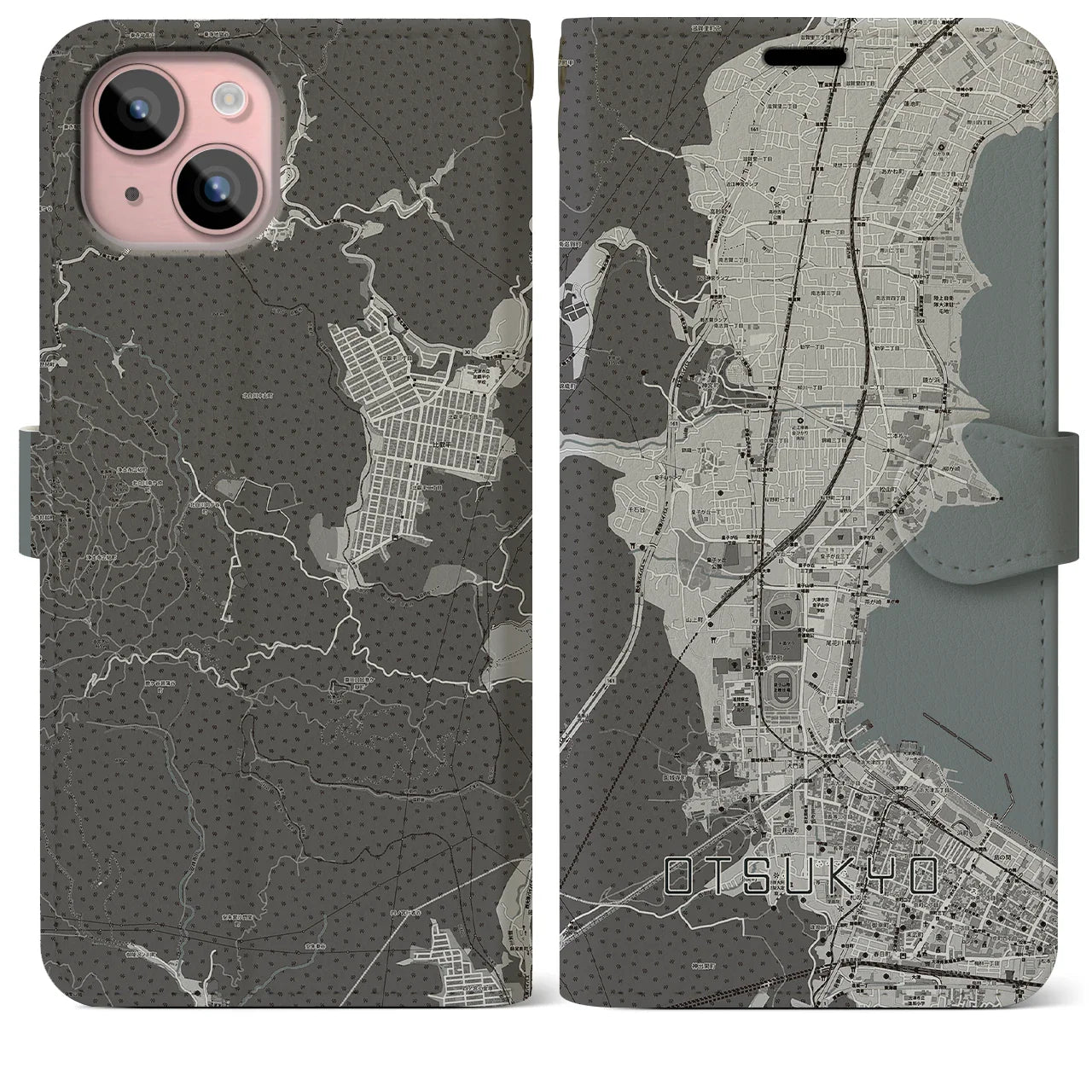 【大津京(滋賀県)】地図柄iPhoneケース(手帳タイプ)モノトーン・iPhone 15 Plus 用