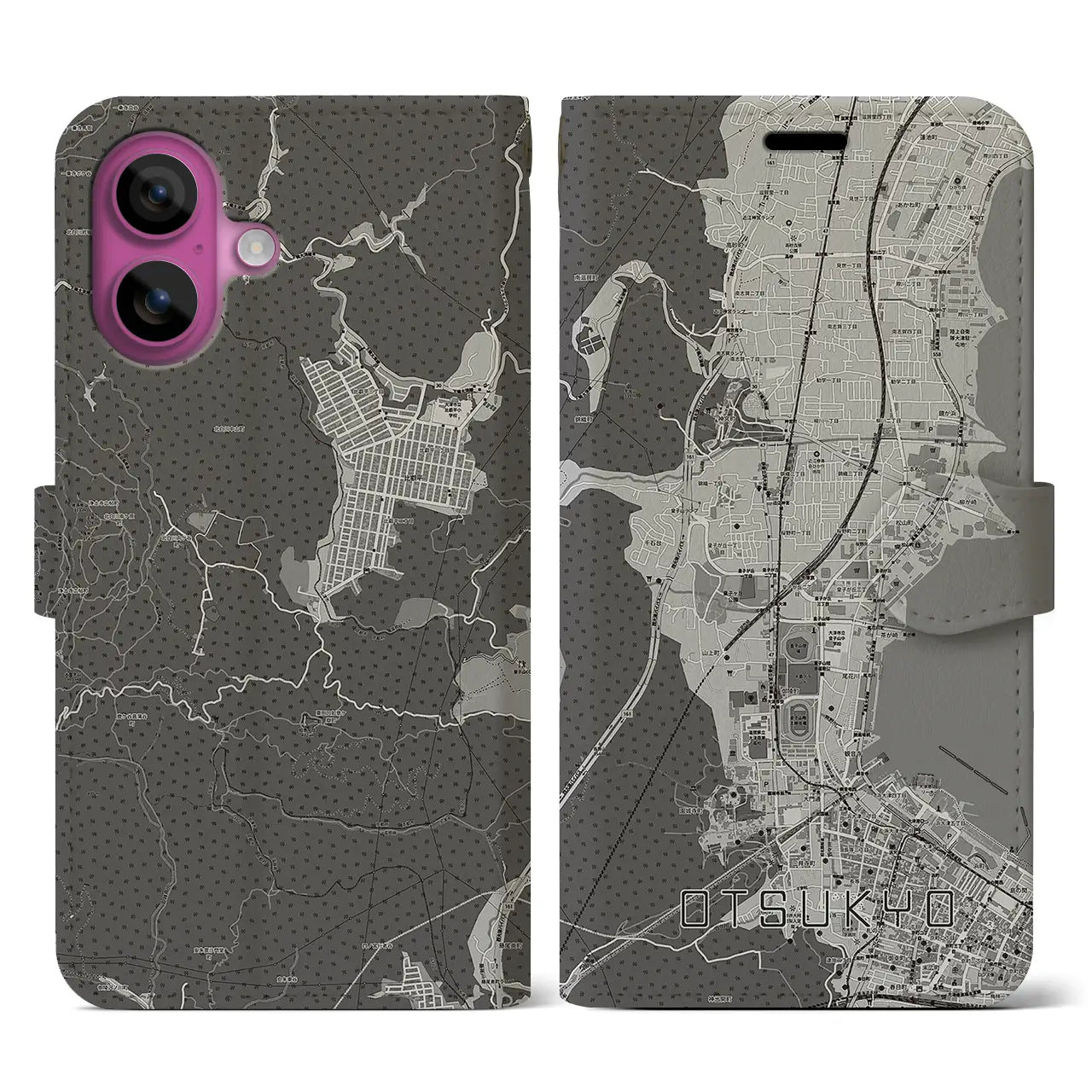 【大津京(滋賀県)】地図柄iPhoneケース(手帳タイプ)モノトーン・iPhone 16 Pro 用
