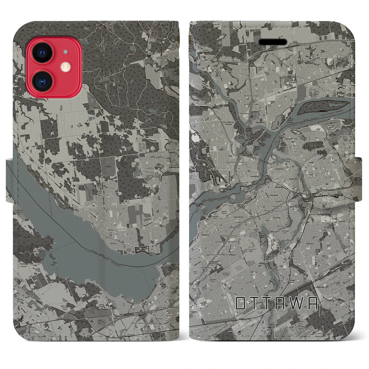 【オタワ(カナダ)】地図柄iPhoneケース(手帳タイプ)モノトーン・iPhone 11 用
