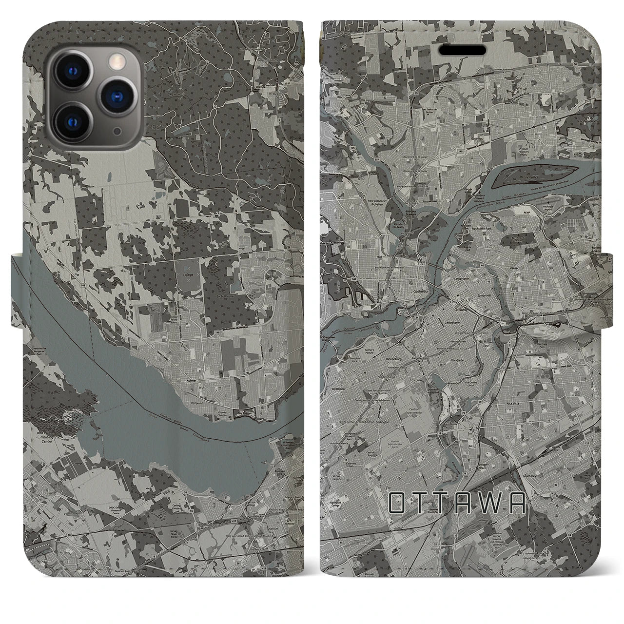 【オタワ(カナダ)】地図柄iPhoneケース(手帳タイプ)モノトーン・iPhone 11 Pro Max 用