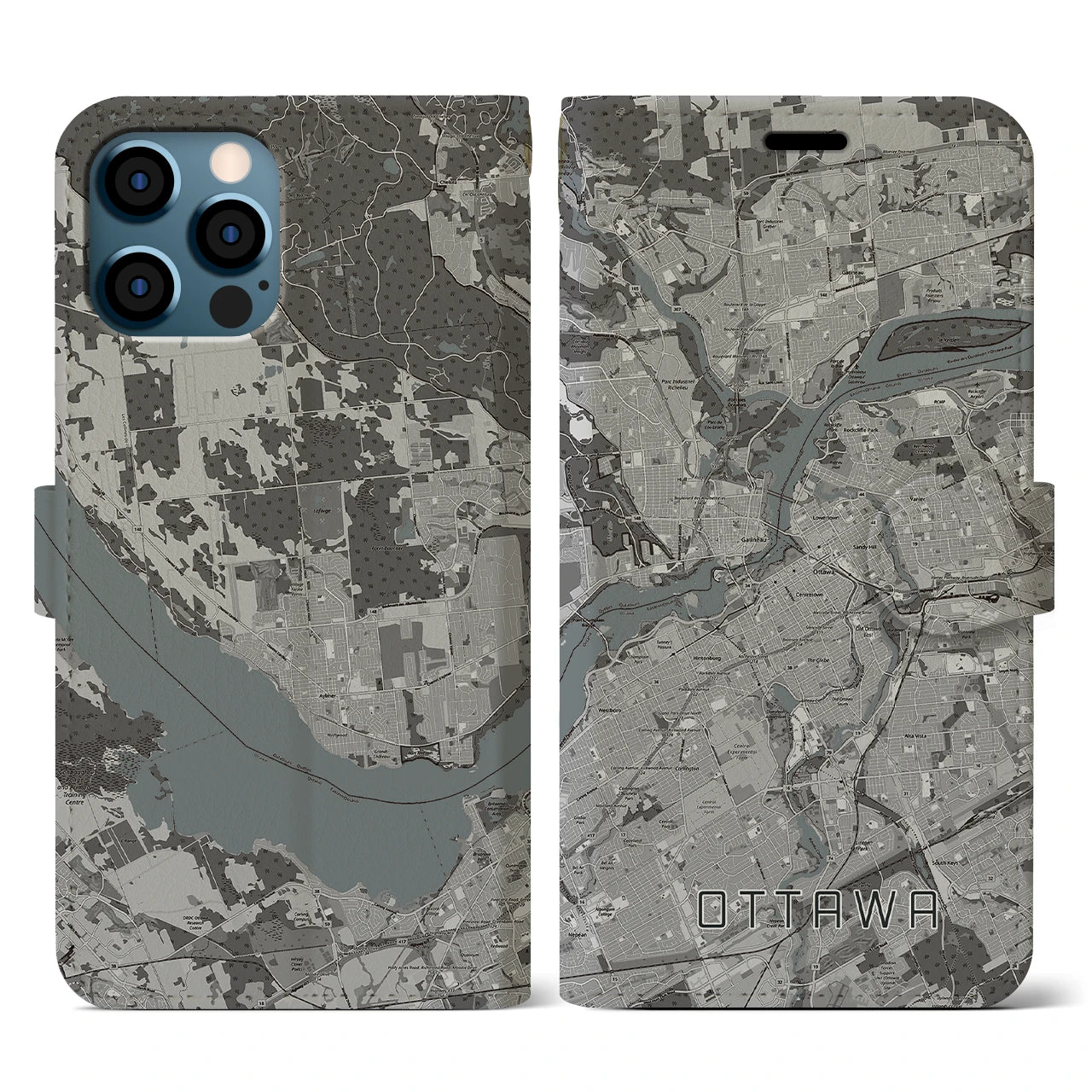 【オタワ(カナダ)】地図柄iPhoneケース(手帳タイプ)モノトーン・iPhone 12 / 12 Pro 用