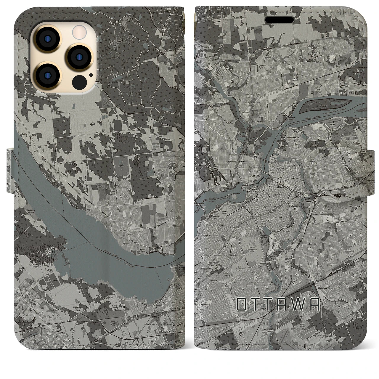 【オタワ(カナダ)】地図柄iPhoneケース(手帳タイプ)モノトーン・iPhone 12 Pro Max 用