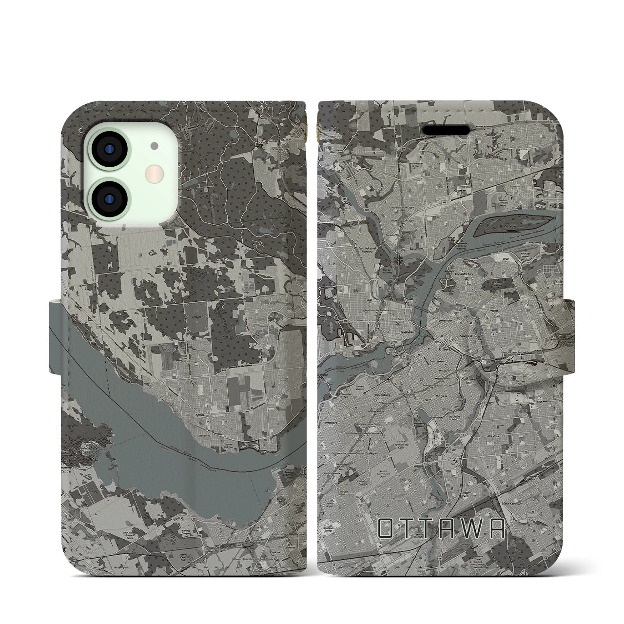 【オタワ(カナダ)】地図柄iPhoneケース(手帳タイプ)モノトーン・iPhone 12 mini 用