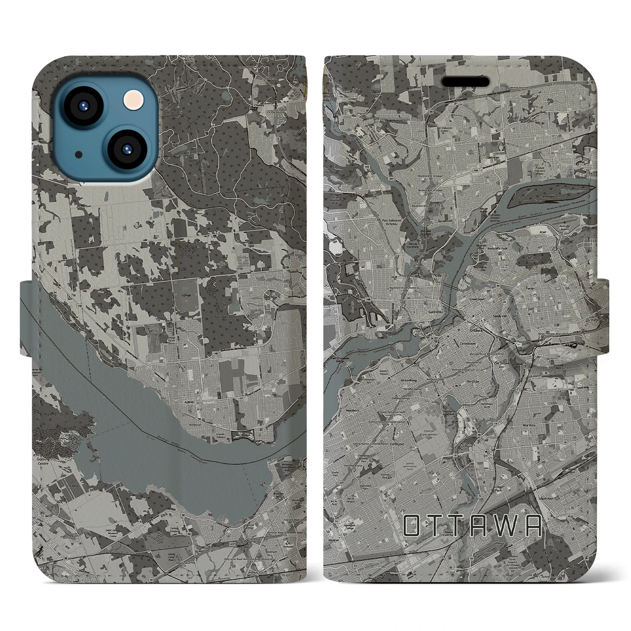【オタワ(カナダ)】地図柄iPhoneケース(手帳タイプ)モノトーン・iPhone 13 用