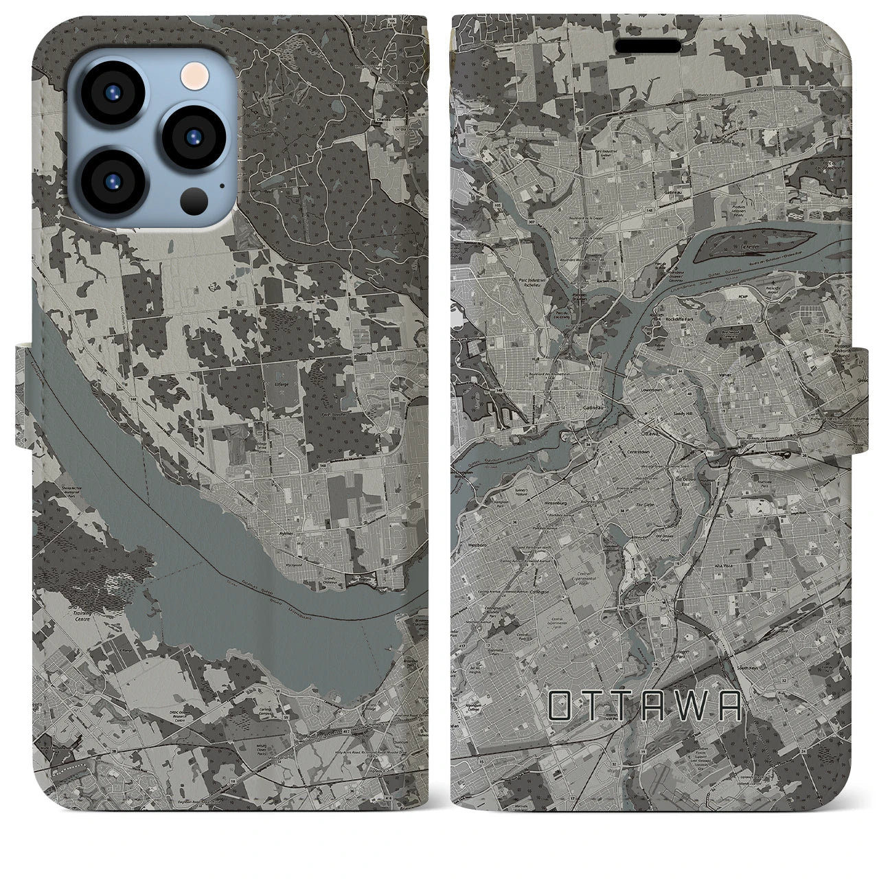 【オタワ(カナダ)】地図柄iPhoneケース(手帳タイプ)モノトーン・iPhone 13 Pro Max 用
