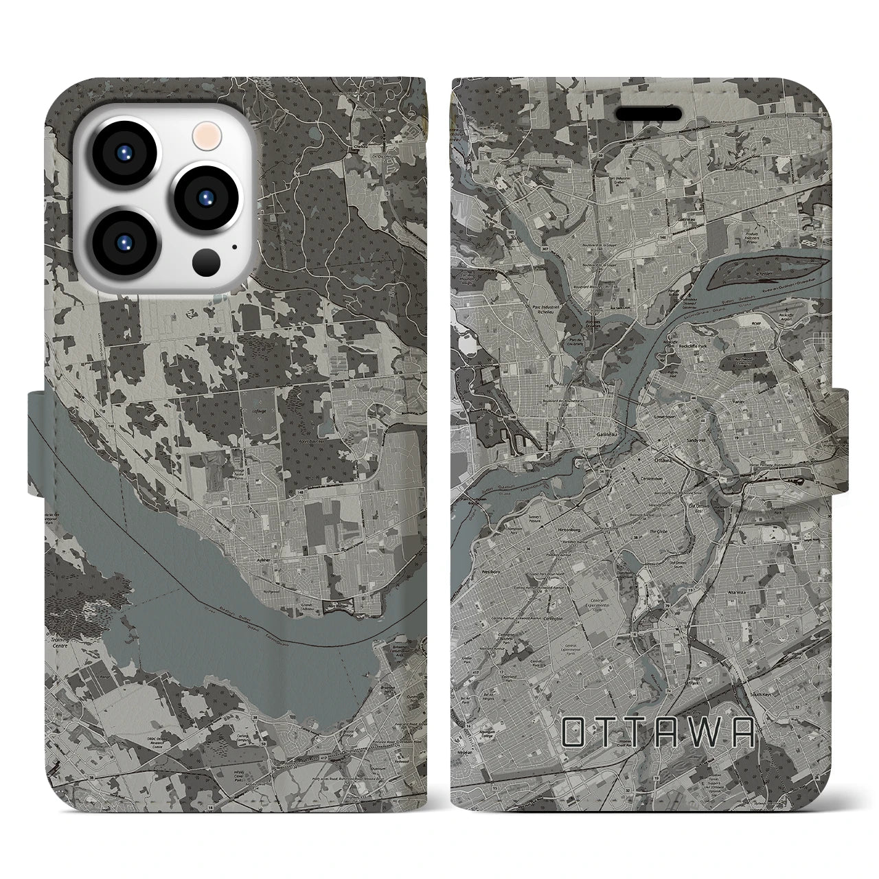 【オタワ(カナダ)】地図柄iPhoneケース(手帳タイプ)モノトーン・iPhone 13 Pro 用