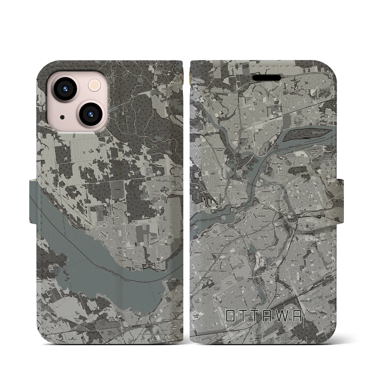 【オタワ(カナダ)】地図柄iPhoneケース(手帳タイプ)モノトーン・iPhone 13 mini 用