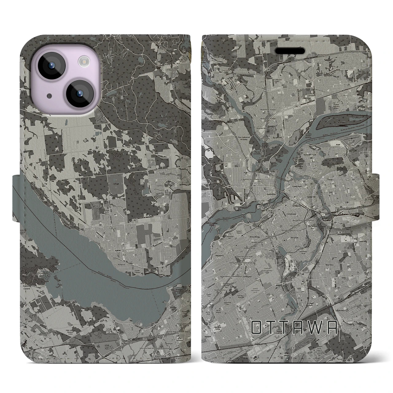 【オタワ(カナダ)】地図柄iPhoneケース(手帳タイプ)モノトーン・iPhone 14 用